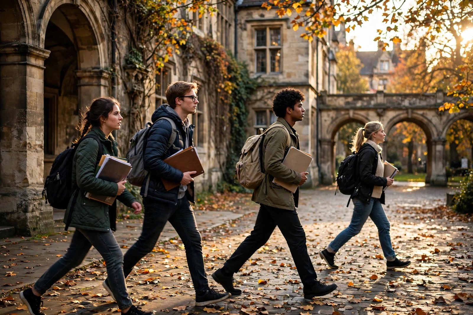 Students crossing a university courtyard in autumn while scholarship deadlines close in 2026