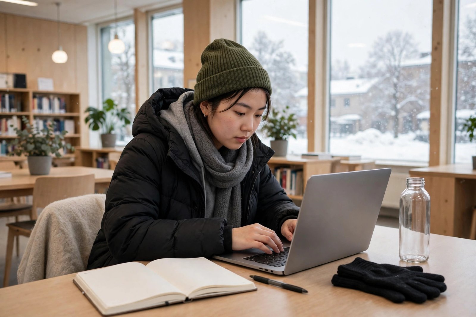 Student preparing scholarship applications with January 2027 deadlines in a winter library
