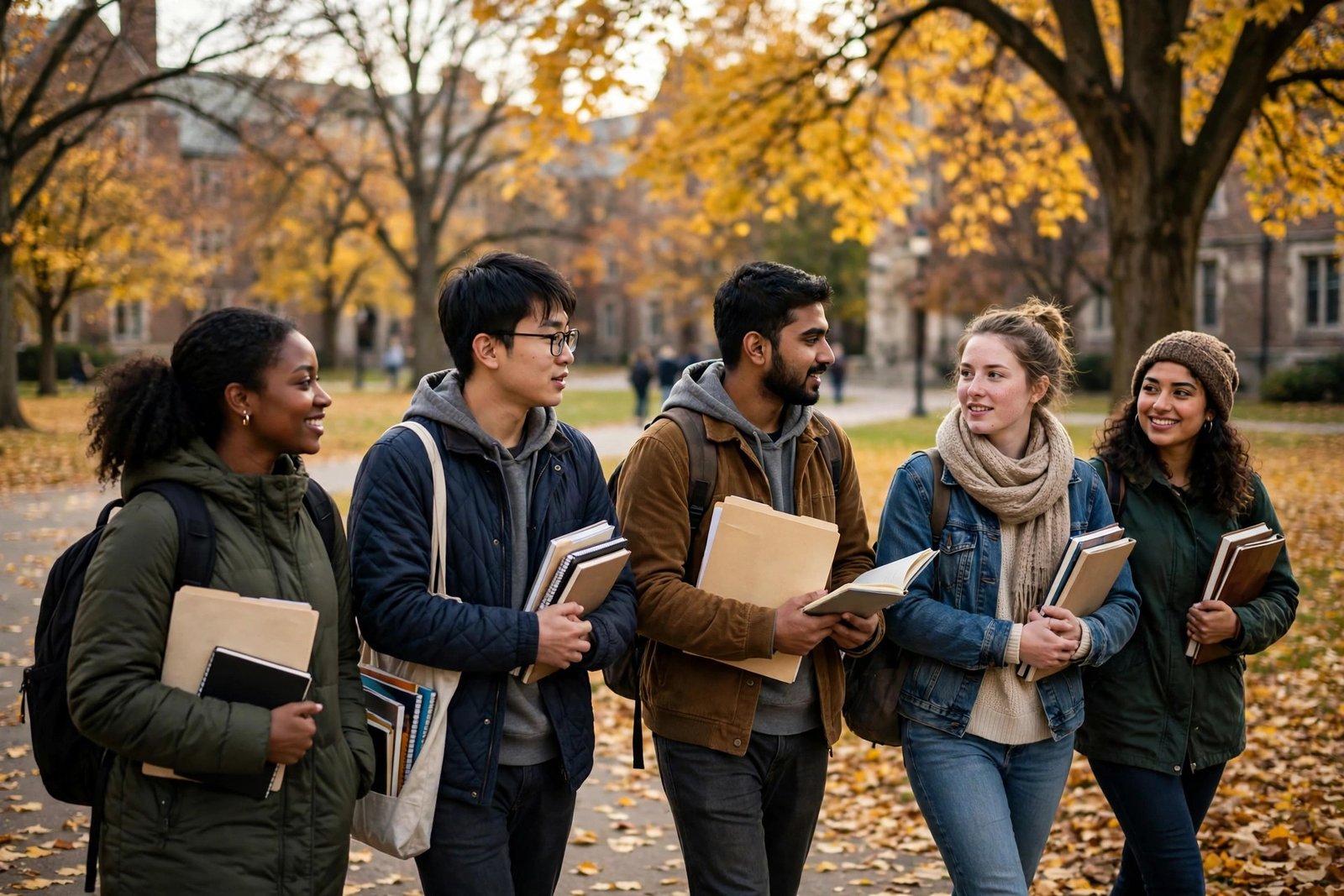 University students on campus in autumn preparing scholarship applications for November deadlines