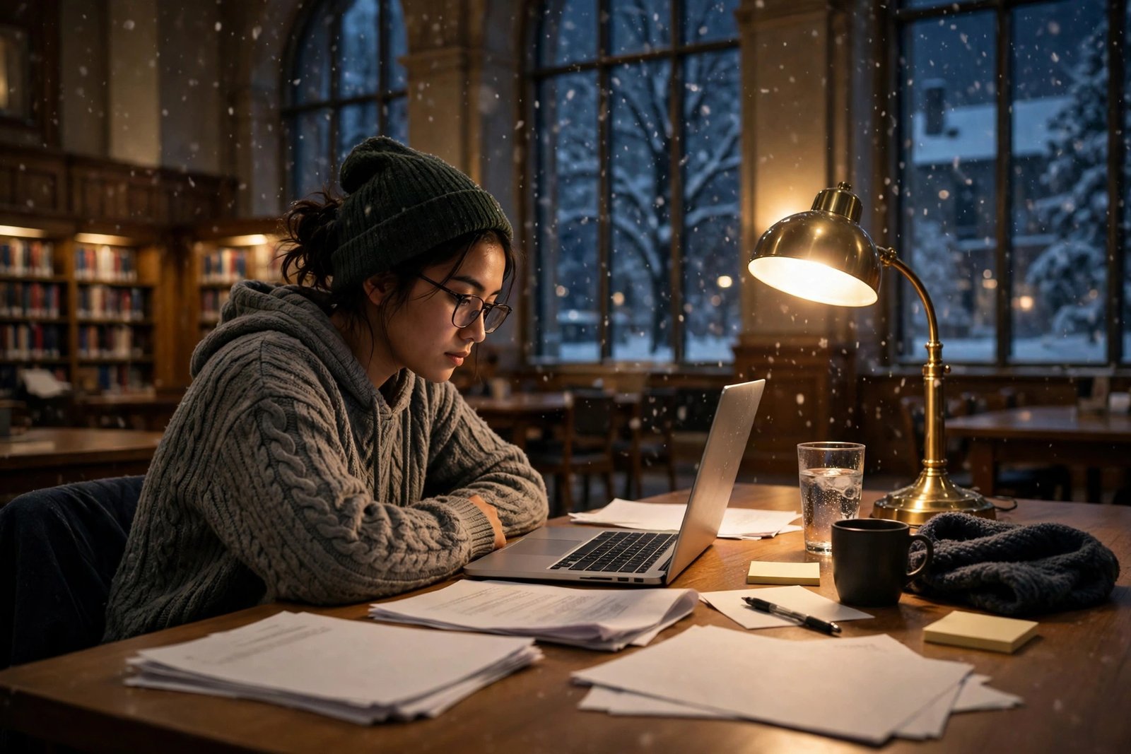 Student in a winter library preparing fully funded scholarship applications for December 2026 deadlines