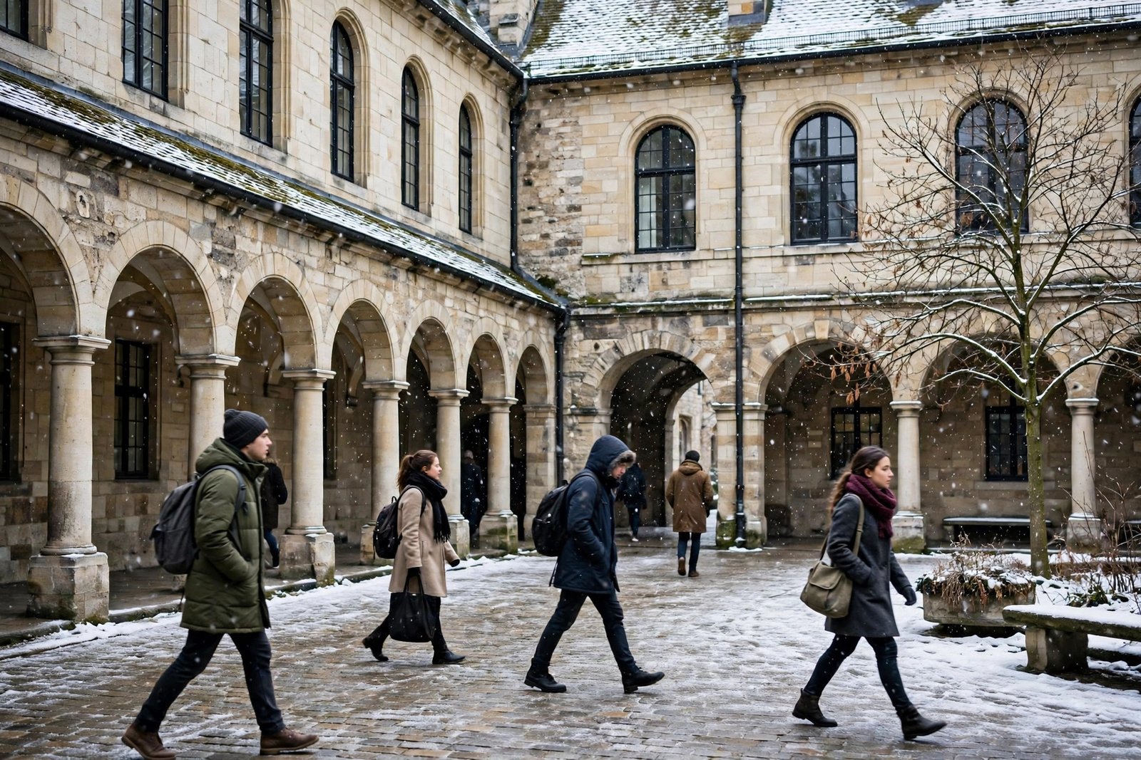 Historic university courtyard in winter, December scholarship deadline season