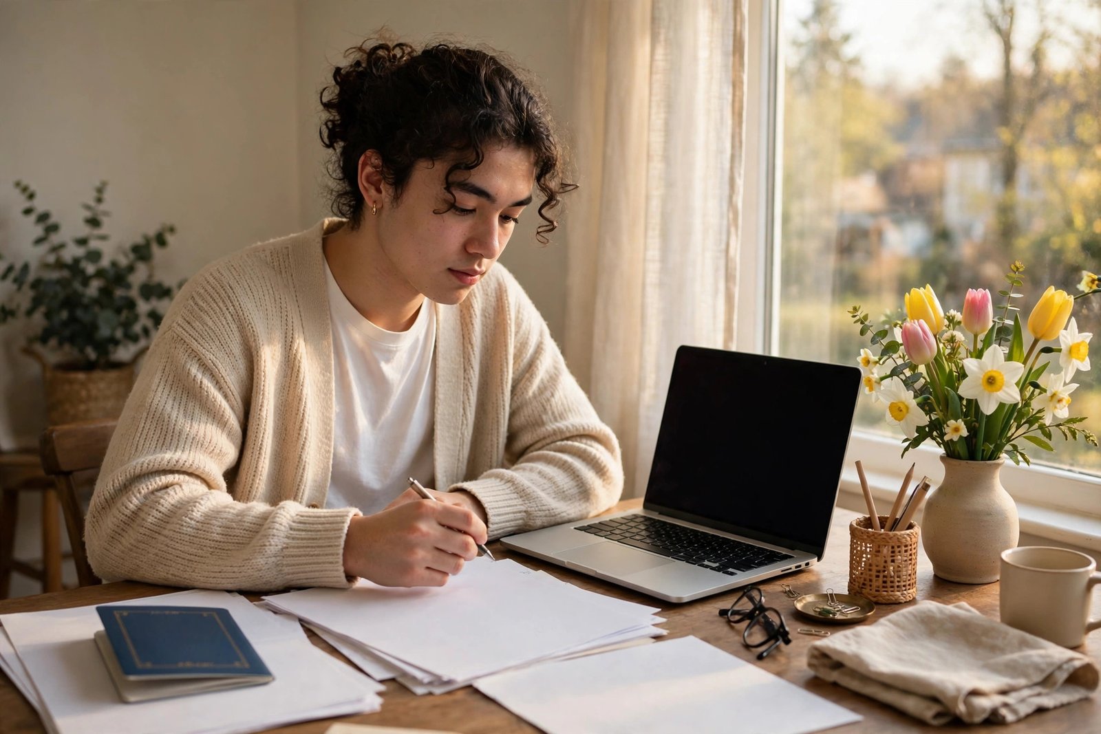 Student preparing April 2027 fully funded scholarship applications and documents at home