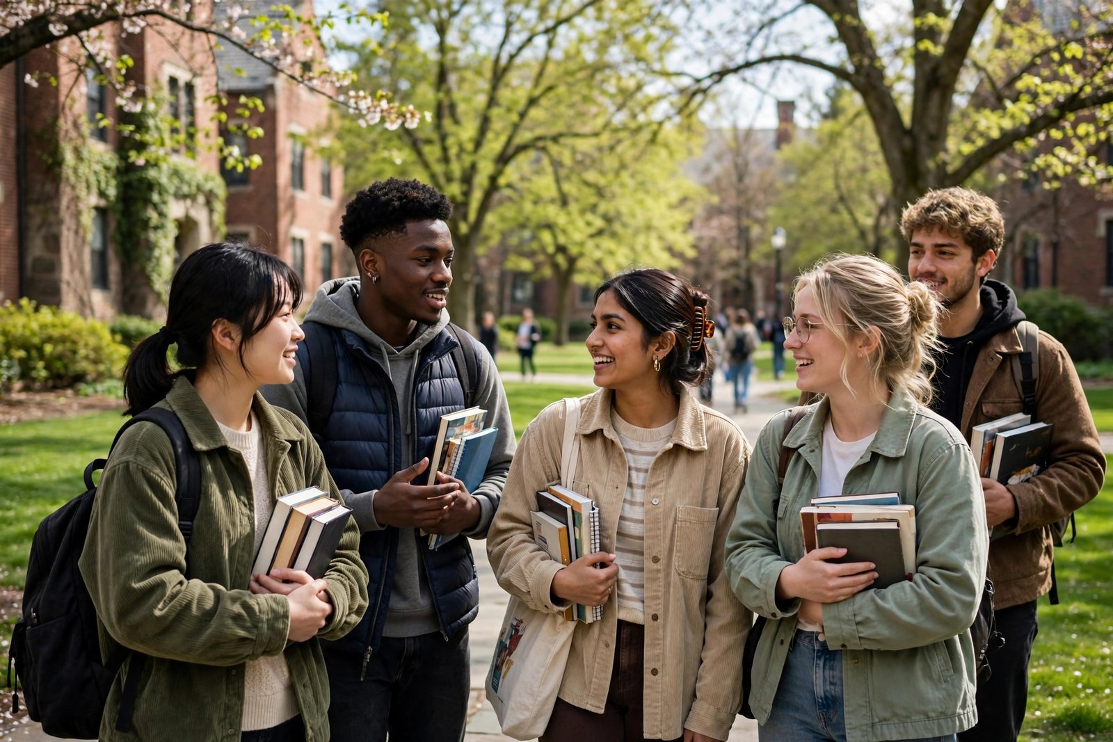 Students on a green spring campus during the April 2027 scholarship application season