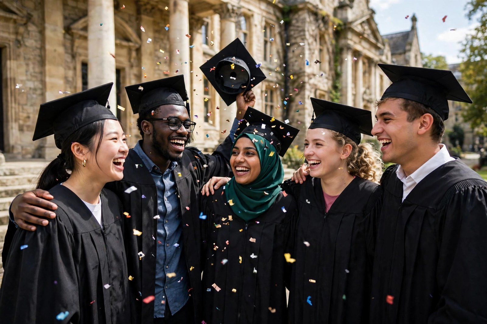 Graduates celebrating fully funded scholarship success outside a university building