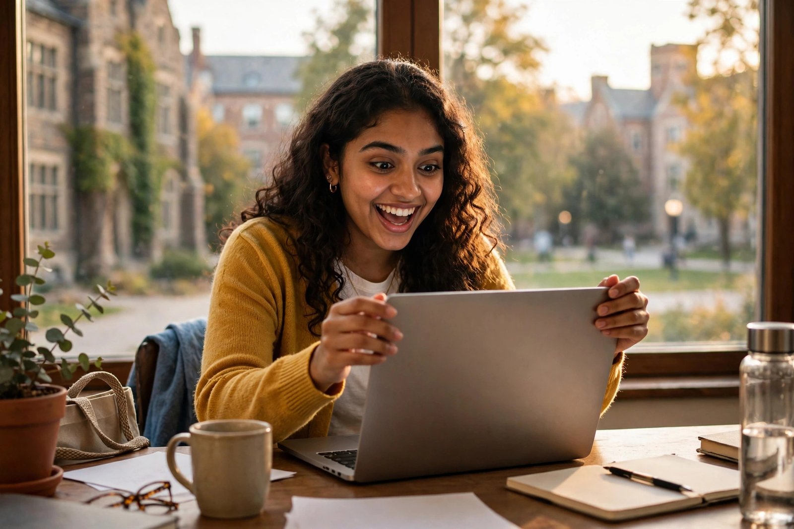 International student receiving a scholarship offer for 2027 intake while studying at a laptop