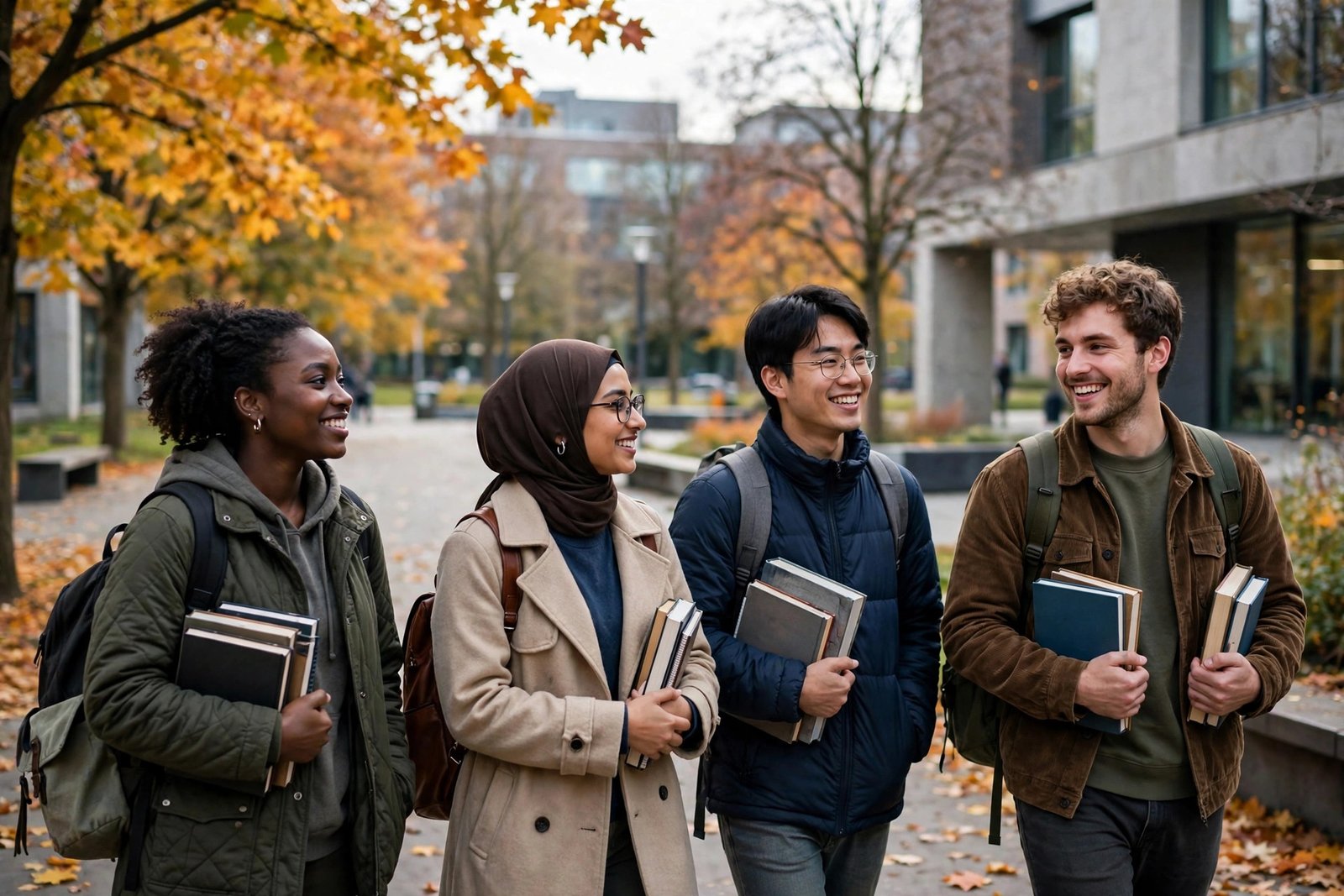 Graduate students walking across a university campus in autumn applying for fully funded scholarships