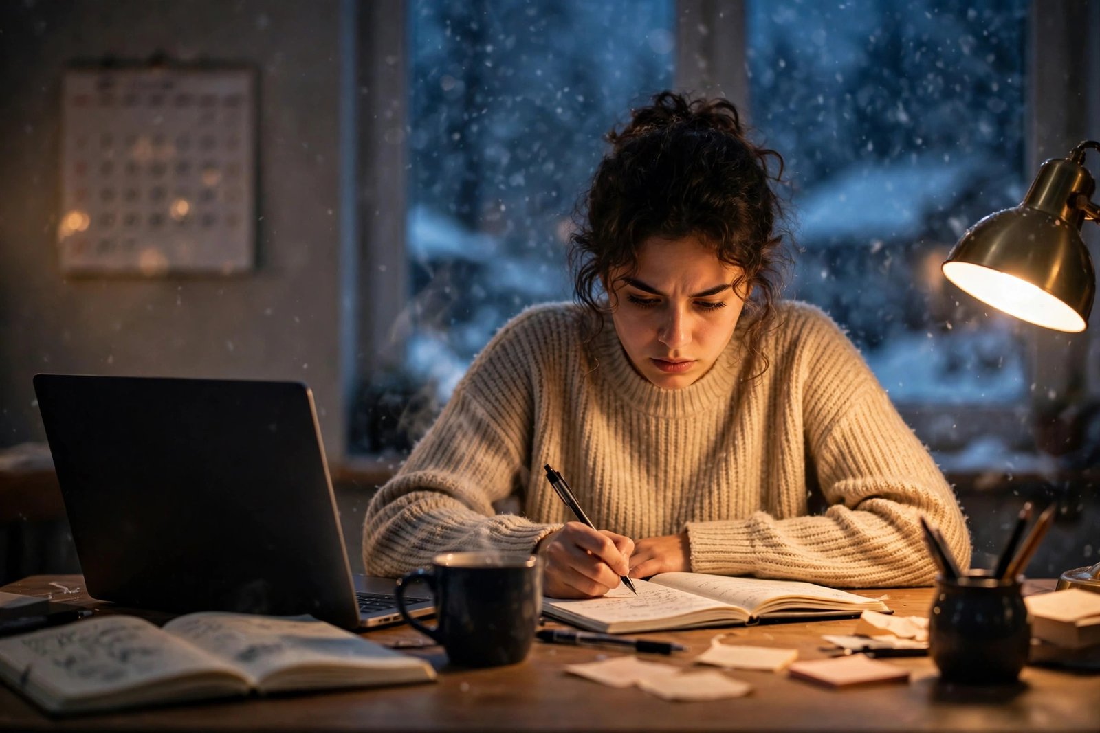 Student working late in winter to meet a December 2026 scholarship deadline