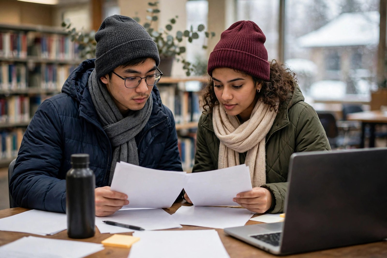 Students reviewing scholarship application documents together before a December deadline