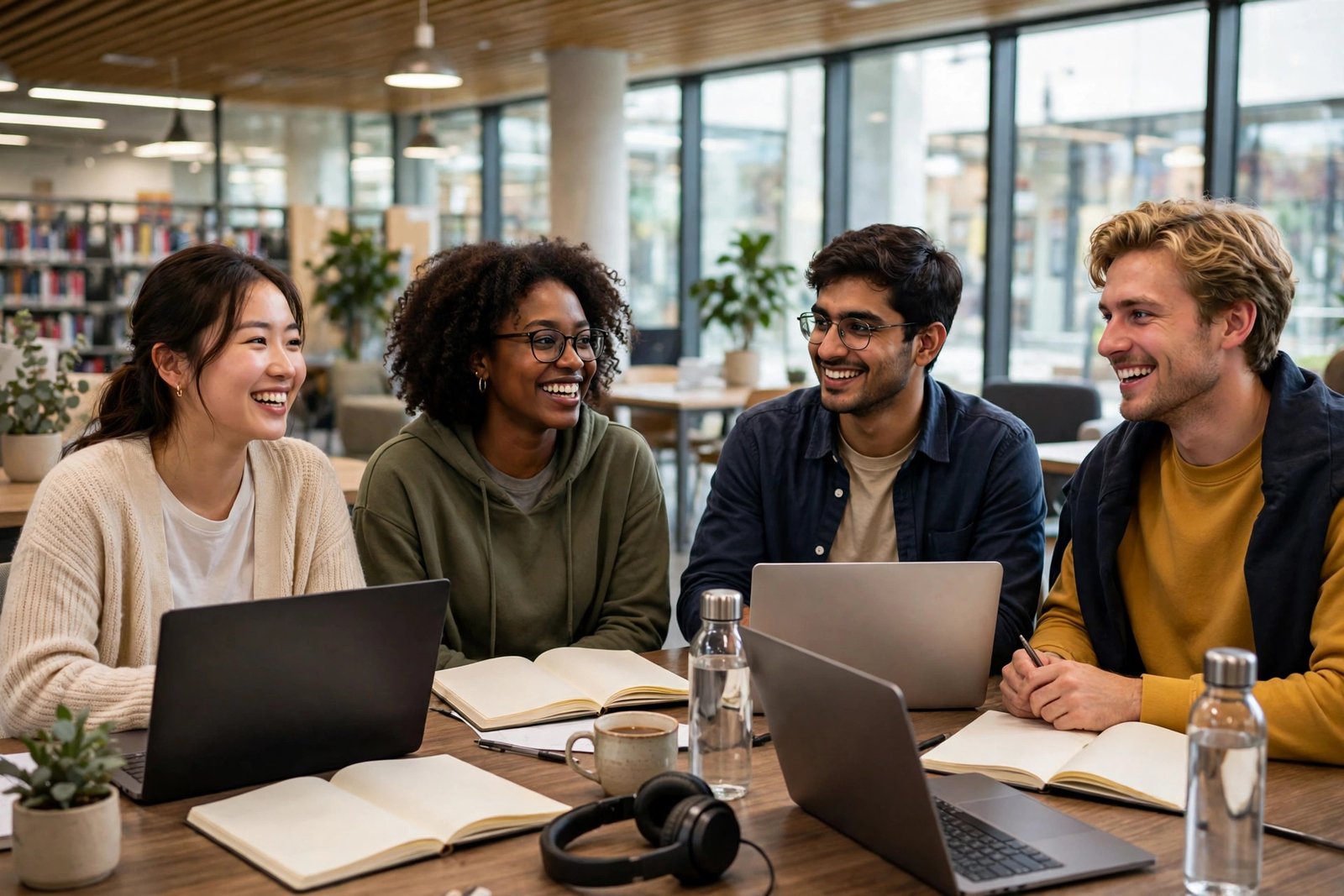 International students studying together in a bright library without IELTS test stress