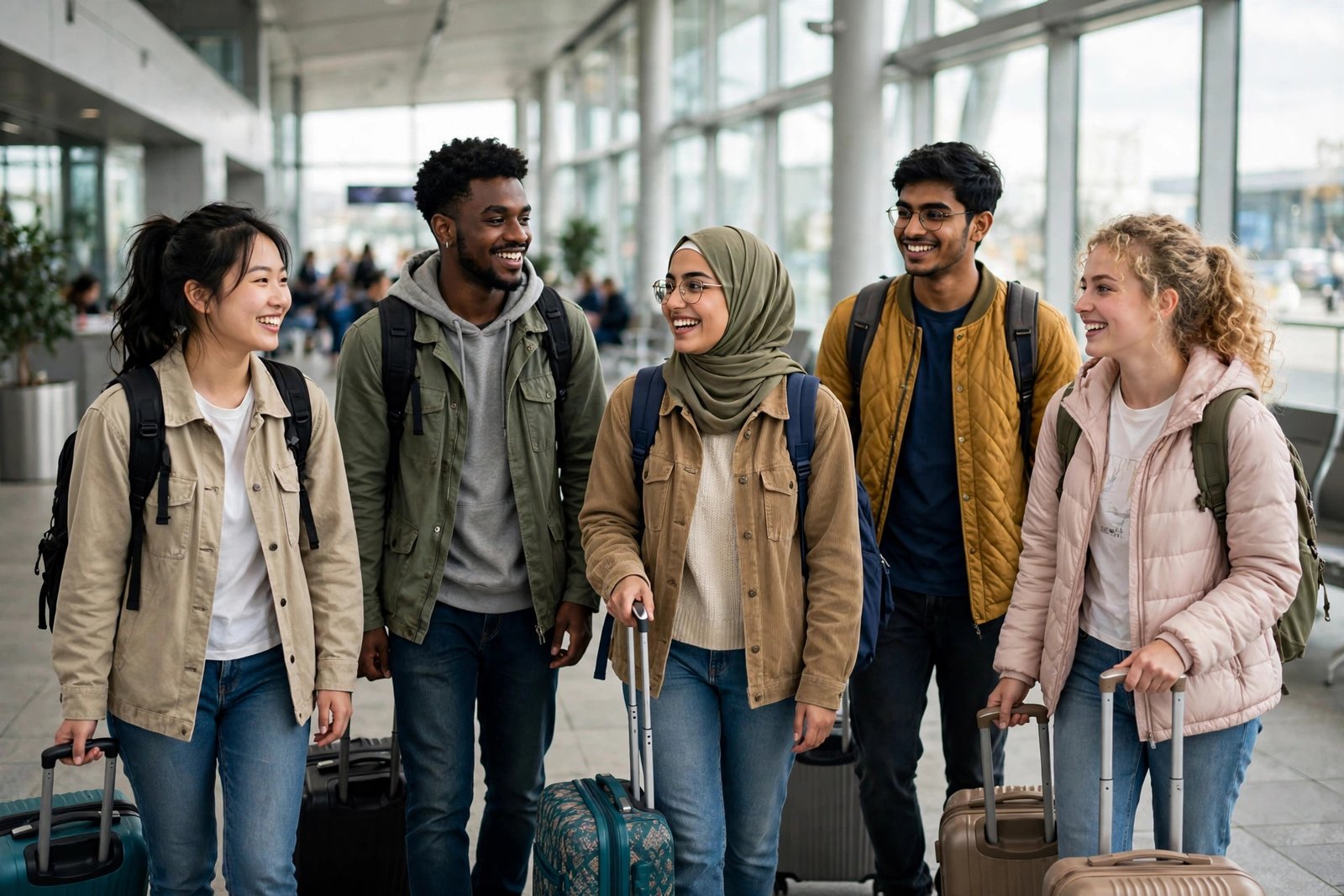 Exchange students arriving at an airport for a fully funded exchange program in 2027