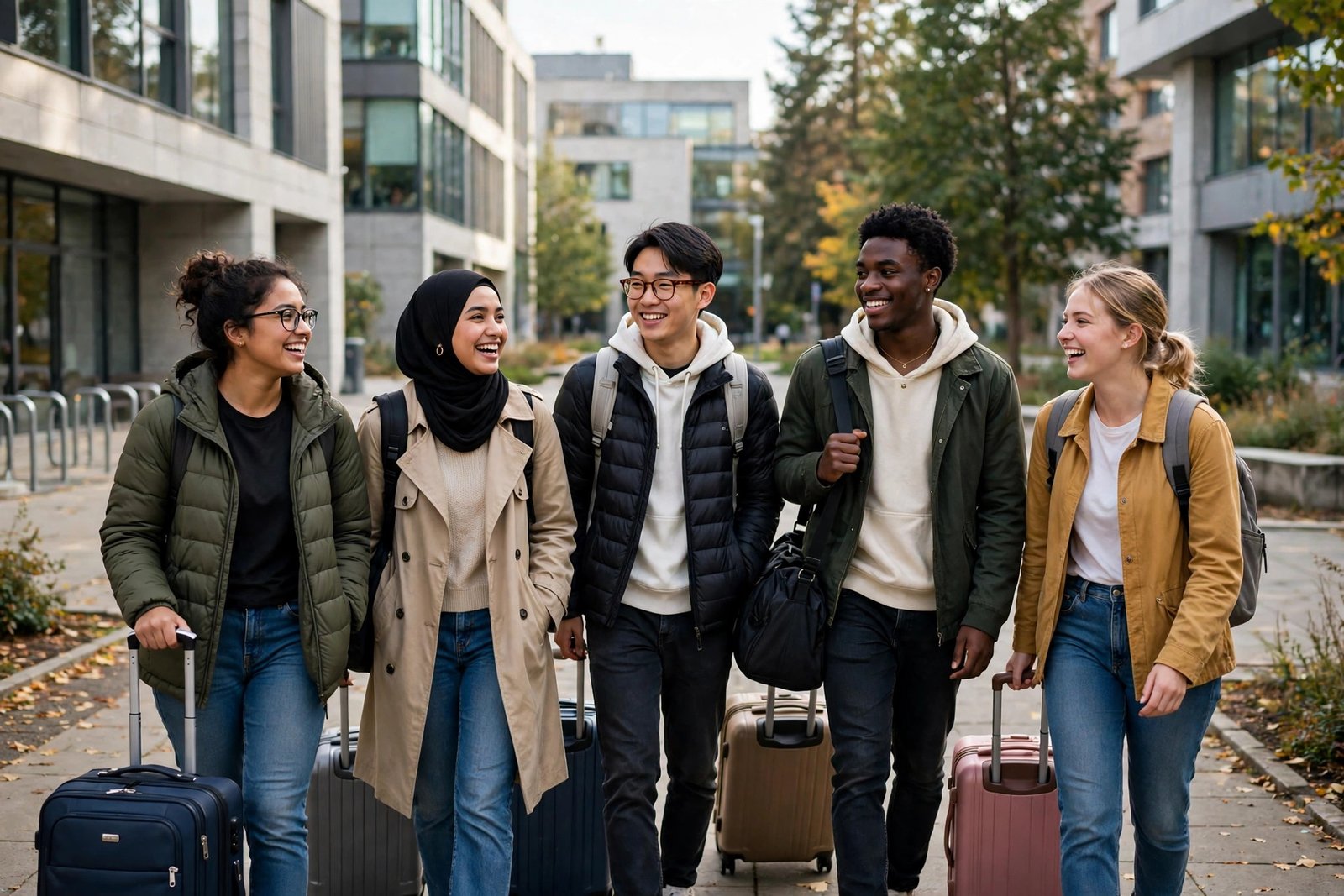 International students arriving on campus after winning fully funded scholarships