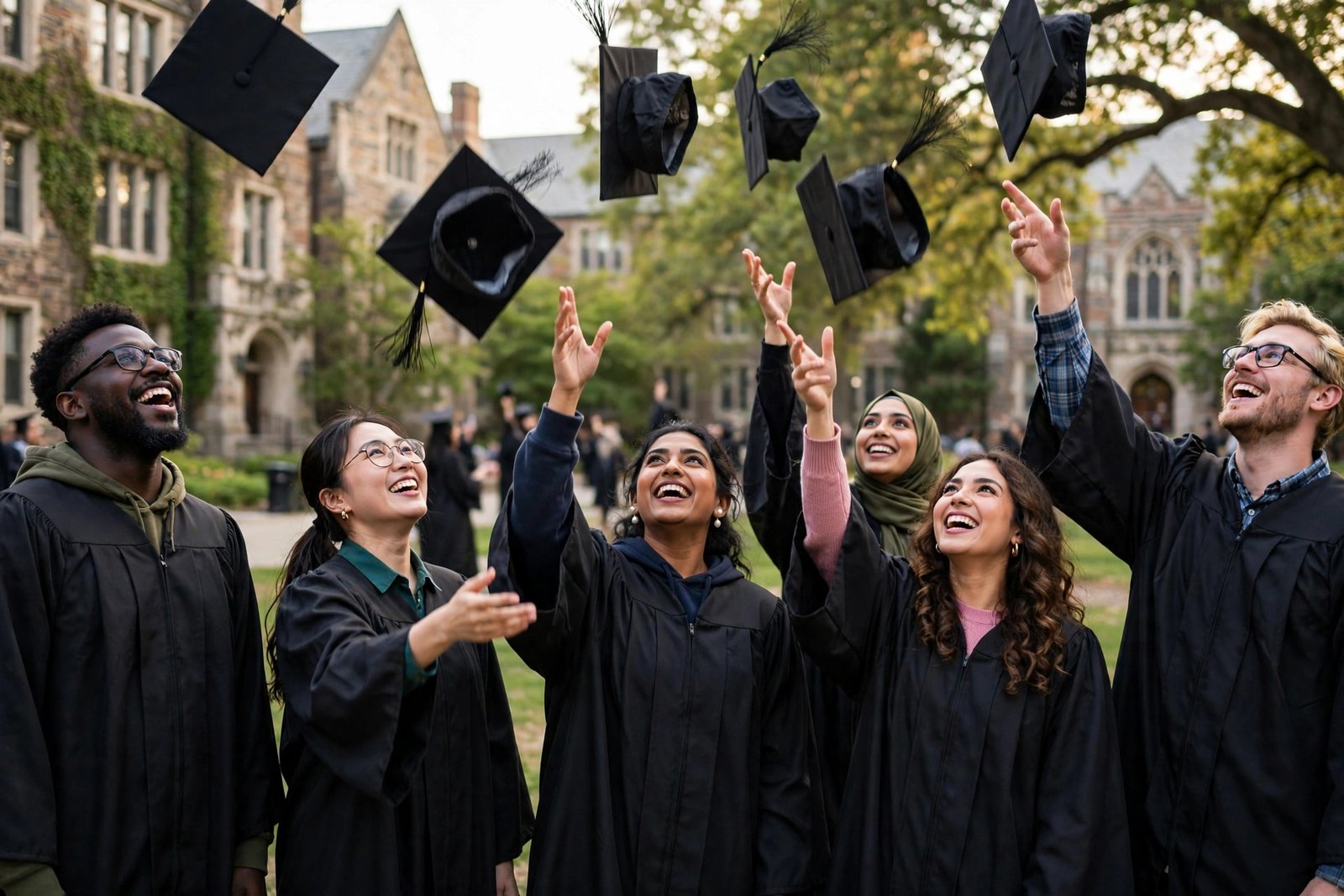 Graduates celebrating after winning fully funded scholarships despite a low GPA