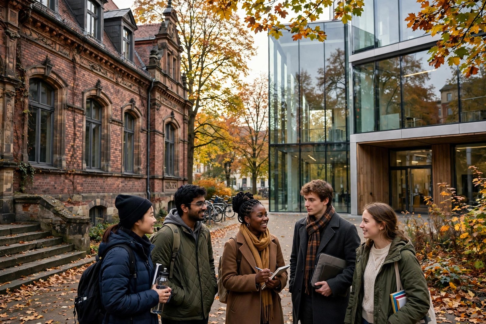 International students at a German university campus applying for fully funded scholarships without IELTS