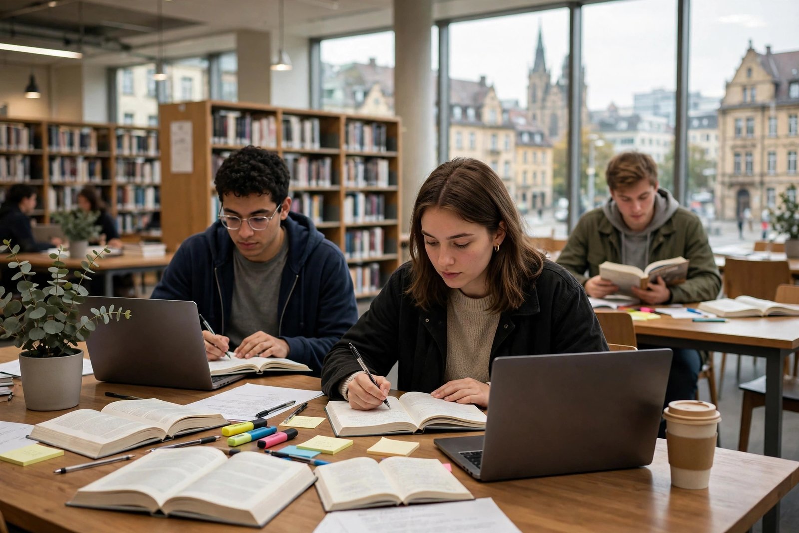 Students studying together in a German university library on scholarships without IELTS