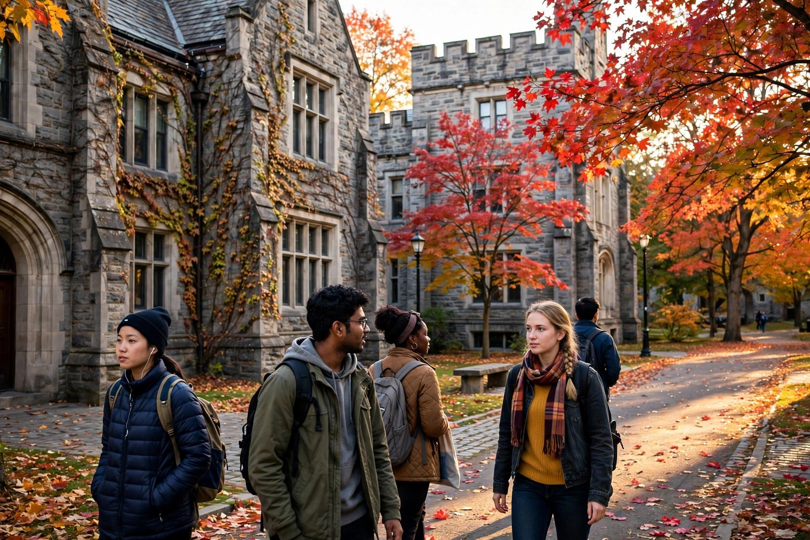 Canadian university campus in autumn with international students walking between historic buildings