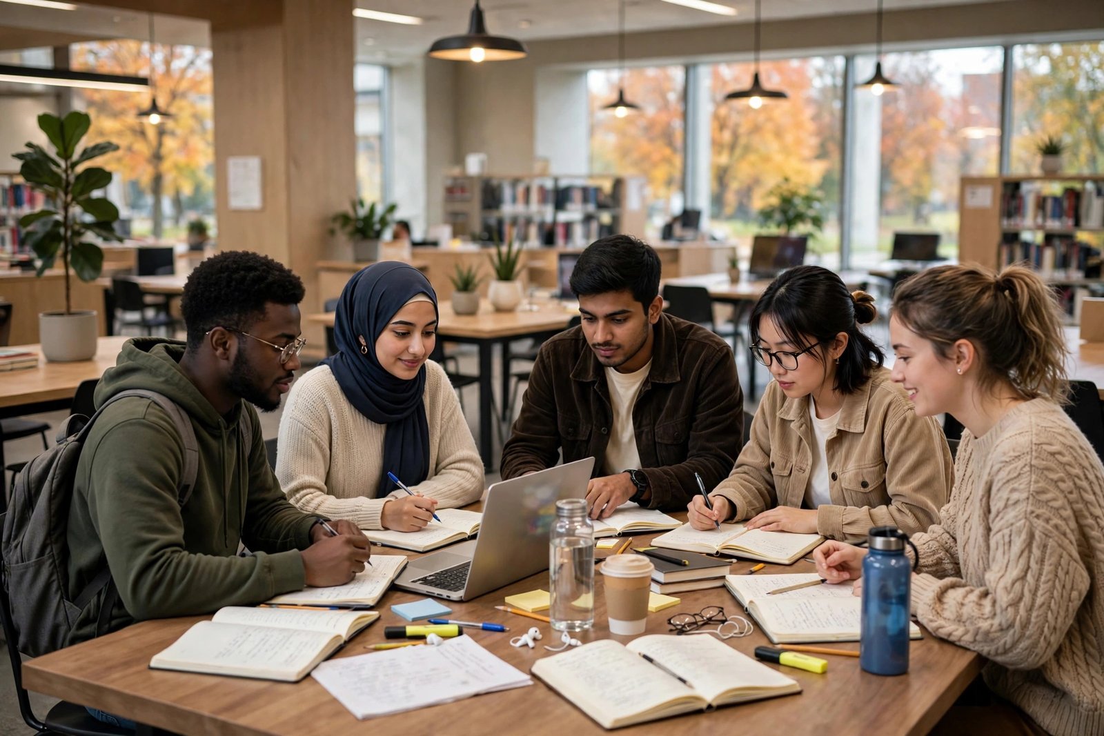 Students studying together in a bright Canadian university library without IELTS preparation materials