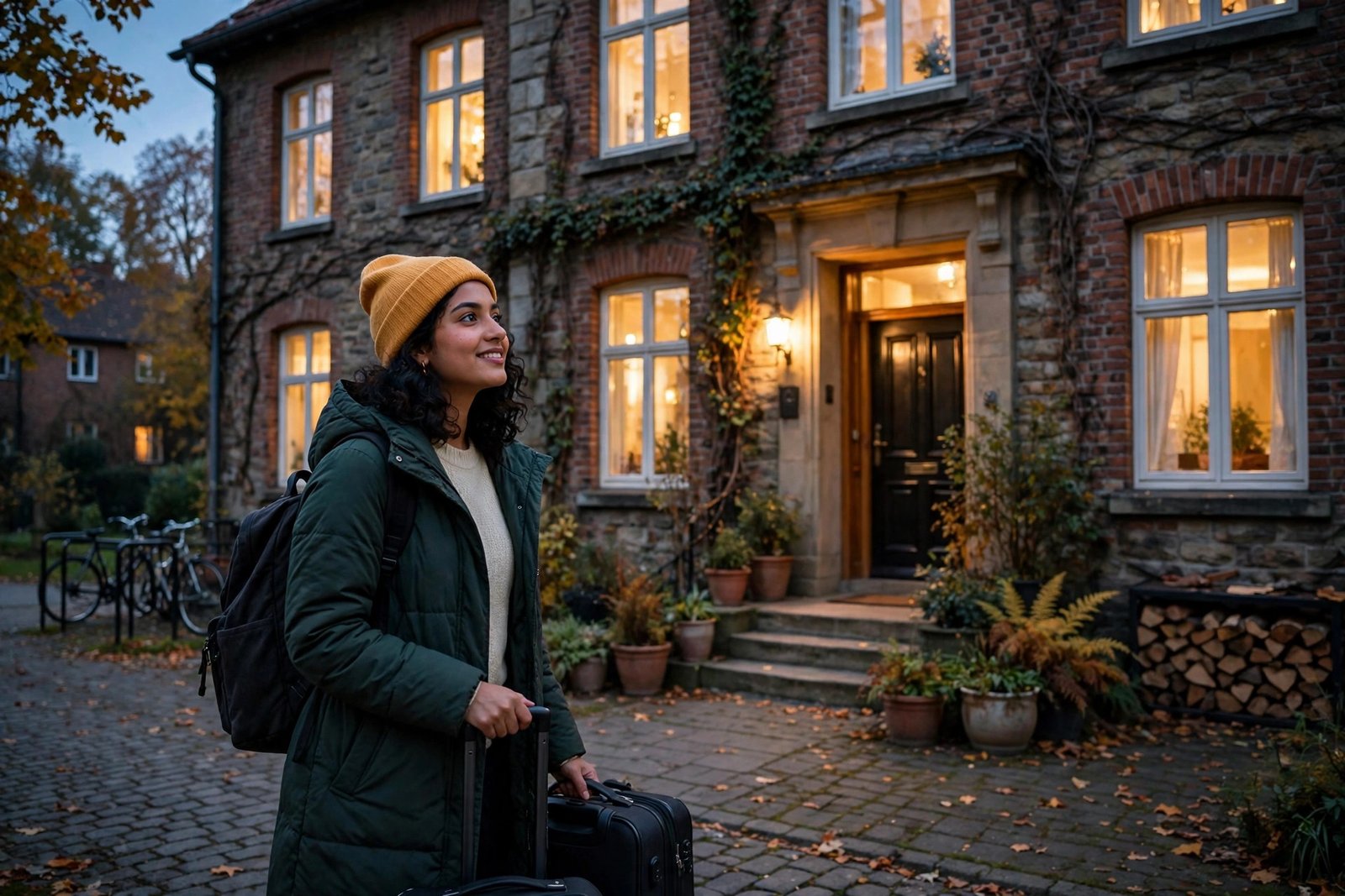 International student arriving at student accommodation with a suitcase, funded scholarship housing