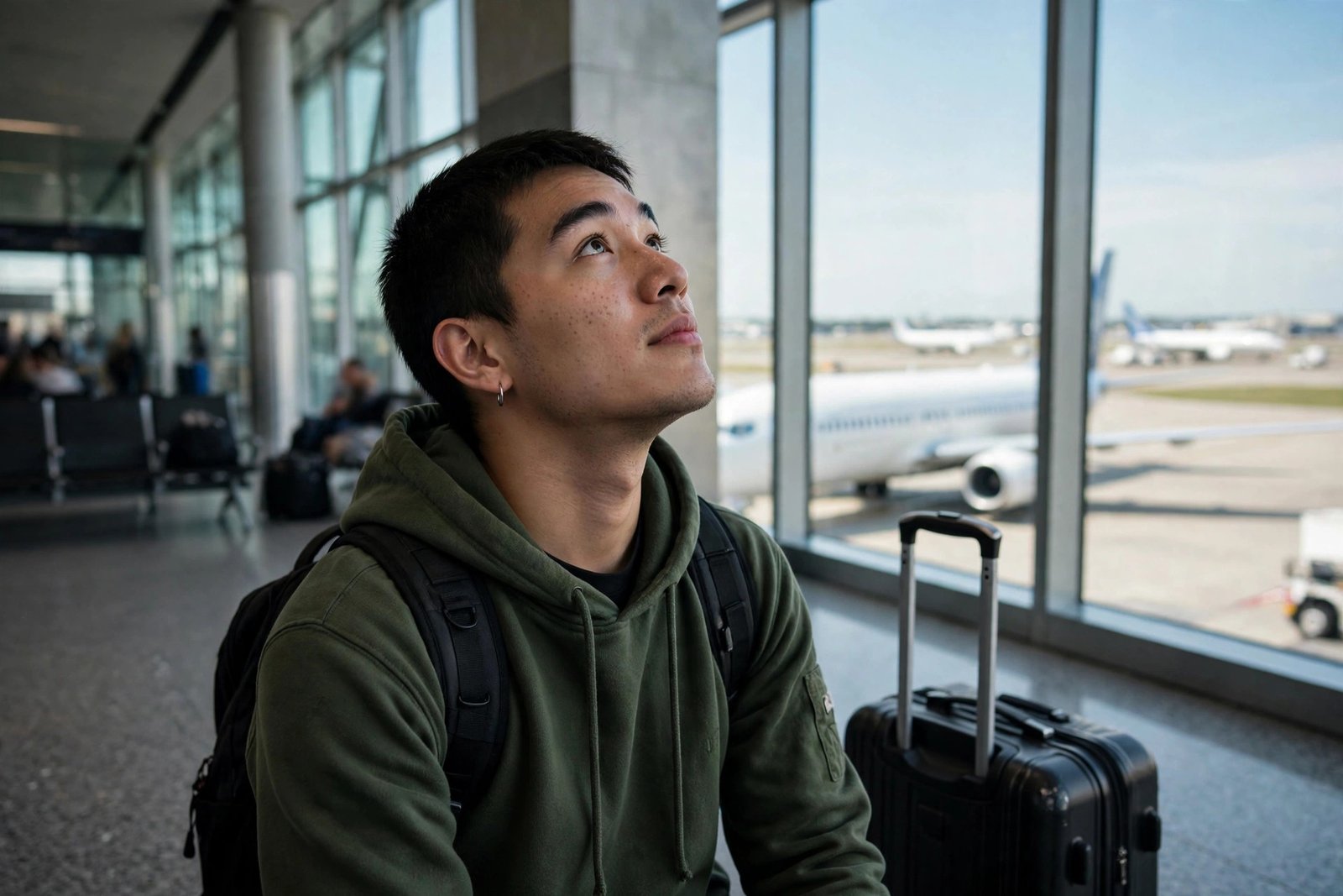 Student at an airport with a suitcase, scholarship covering airfare and accommodation abroad