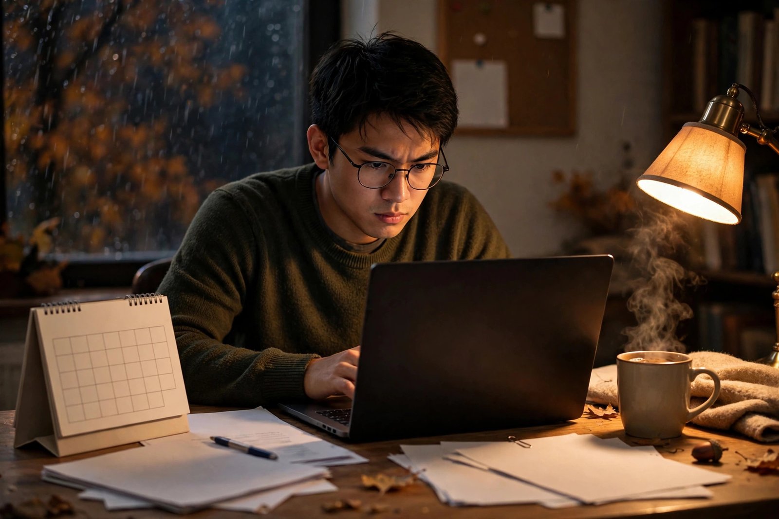 Student completing scholarship applications at a desk with a calendar, late-season deadlines for 2027