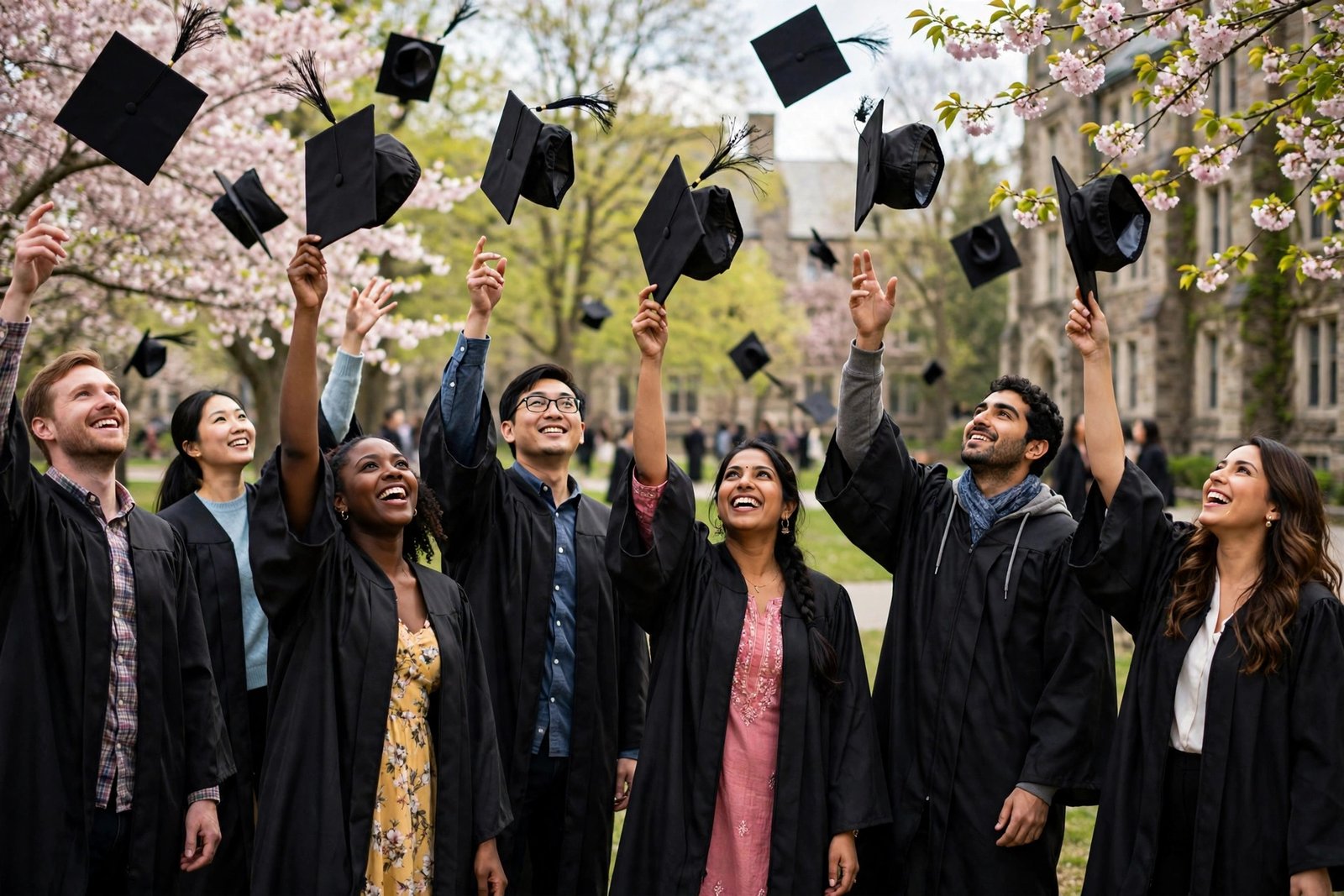 Graduates celebrating on a university campus after winning fully funded scholarships