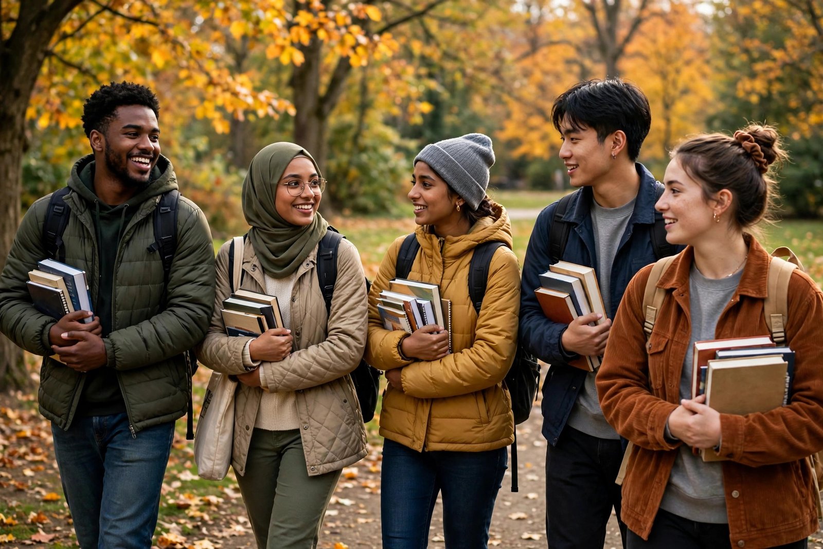 International undergraduate students walking on a university campus with backpacks