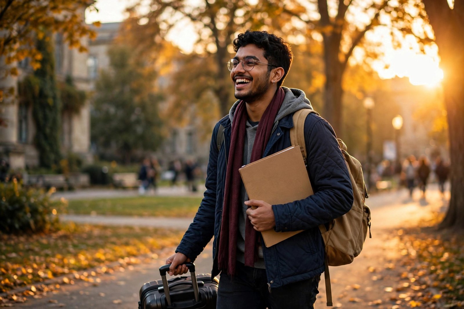 International student arriving on a university campus with luggage after winning a fully funded scholarship
