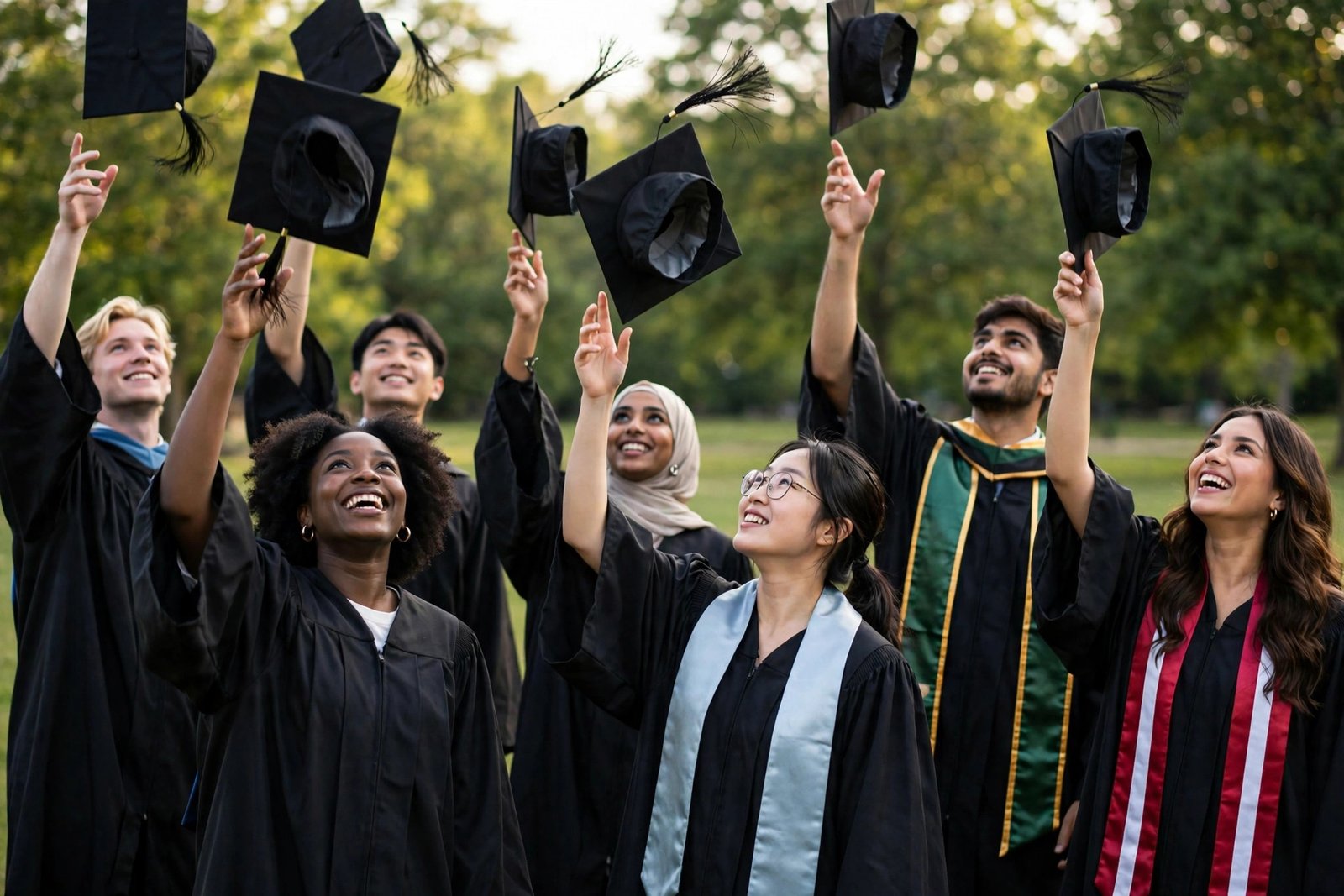 International graduates celebrating at a university graduation ceremony