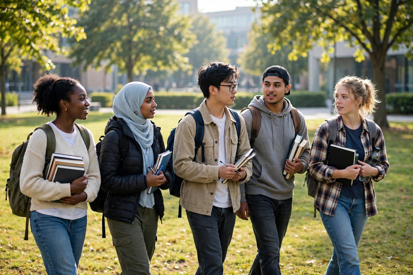 International undergraduate students walking across a university campus on a fully funded scholarship