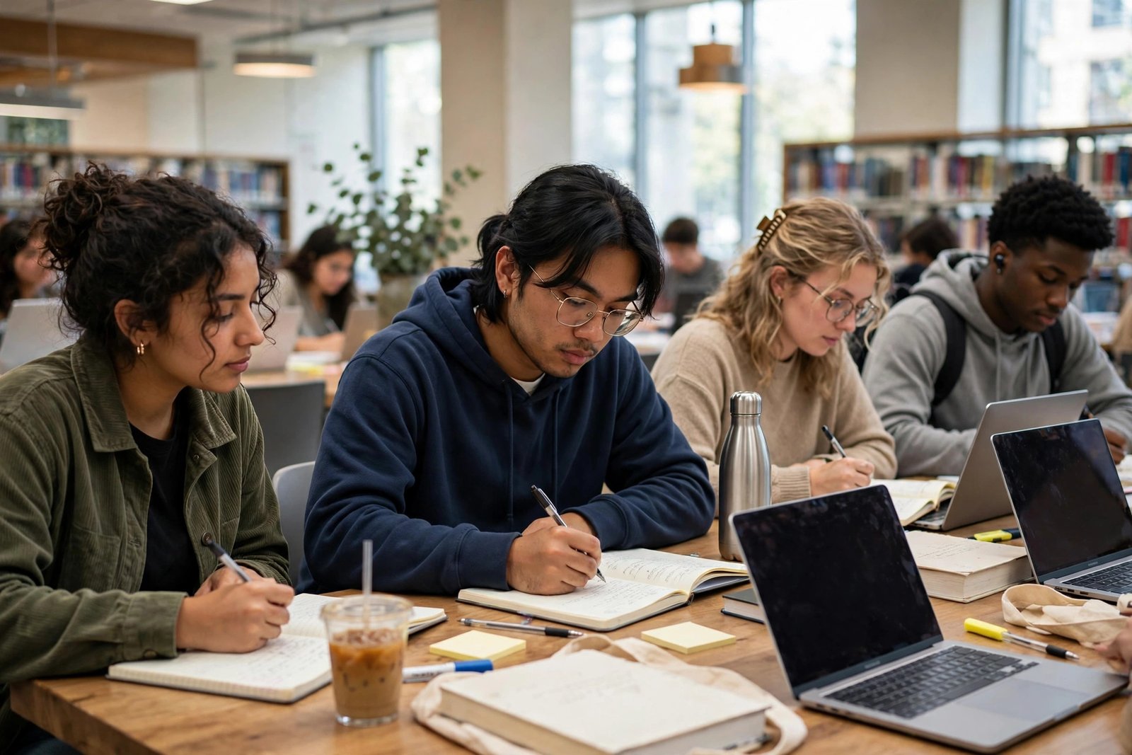 Undergraduate scholarship student studying in a university library abroad