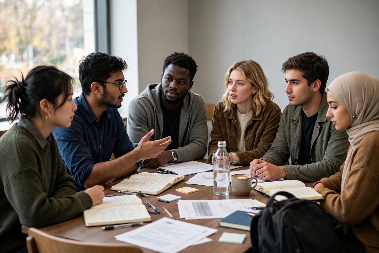 International master's students discussing their studies at a university seminar