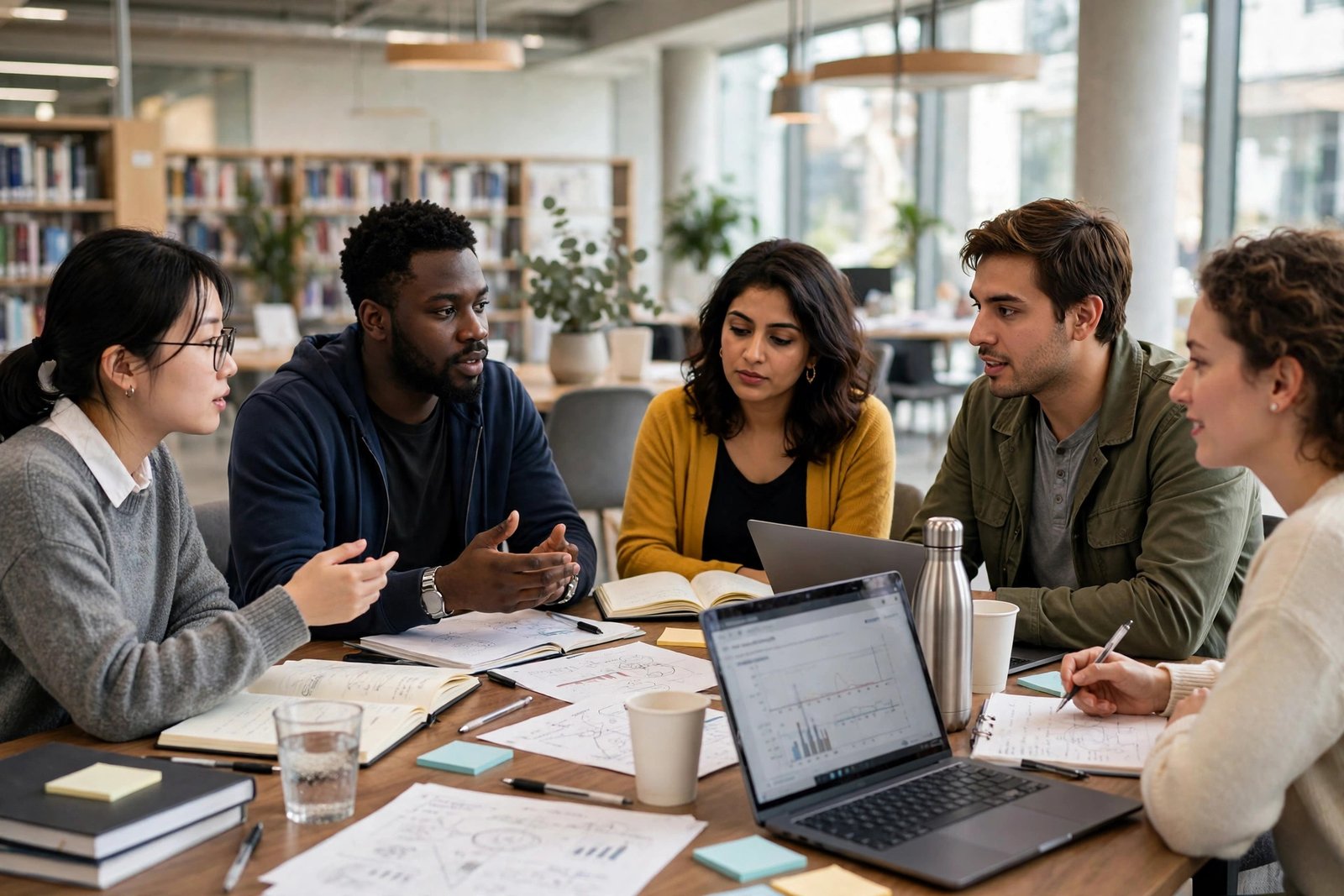 International doctoral students discussing research in a university library — PhD scholarships for international students