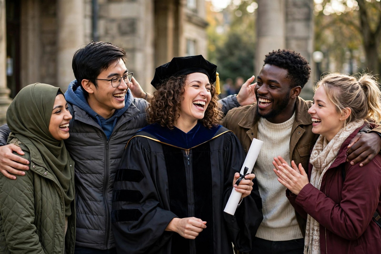 Doctoral graduate celebrating with fellow students — fully funded PhD scholarship outcomes