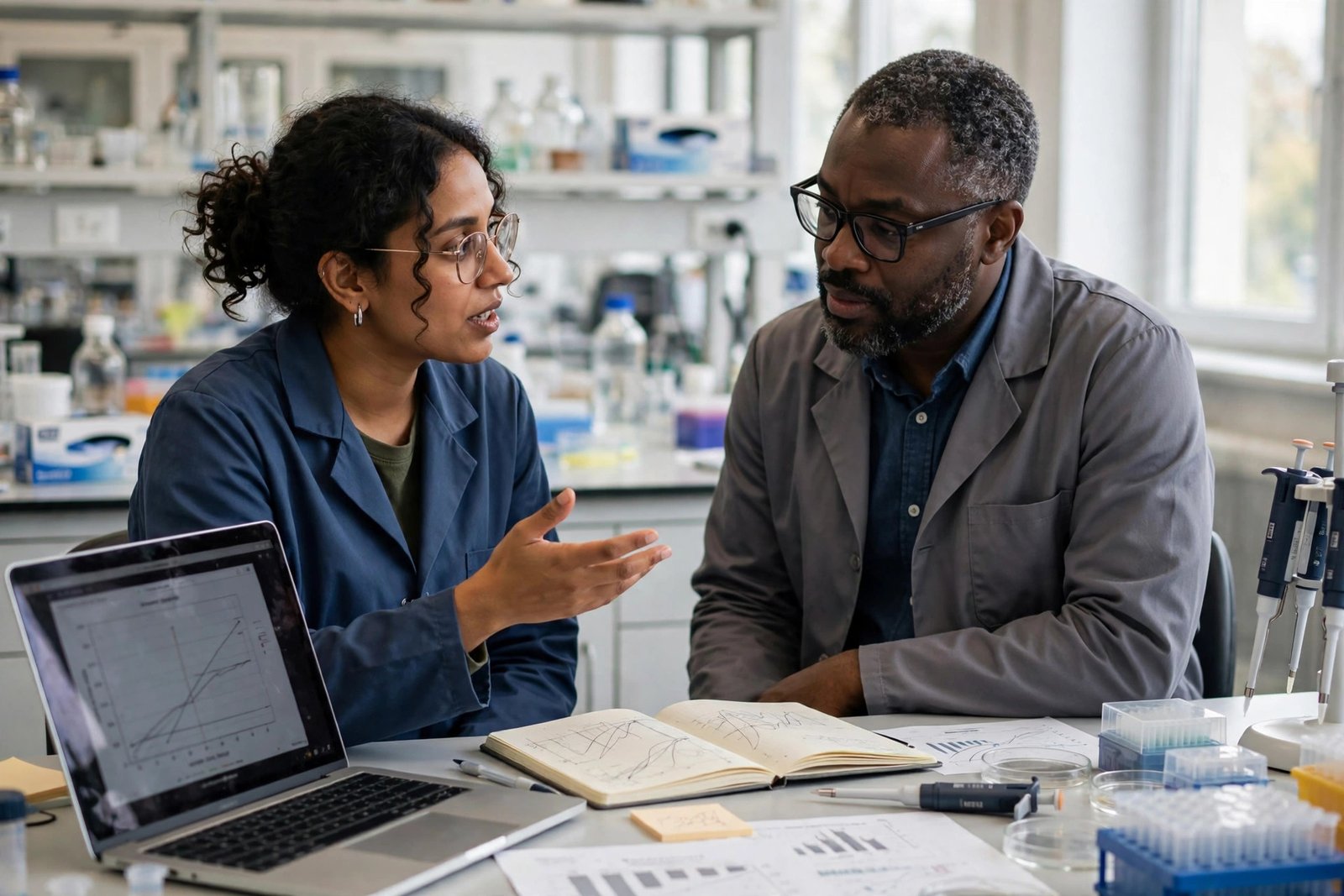 Postdoctoral researcher discussing fully funded fellowship research with a supervisor in a university laboratory