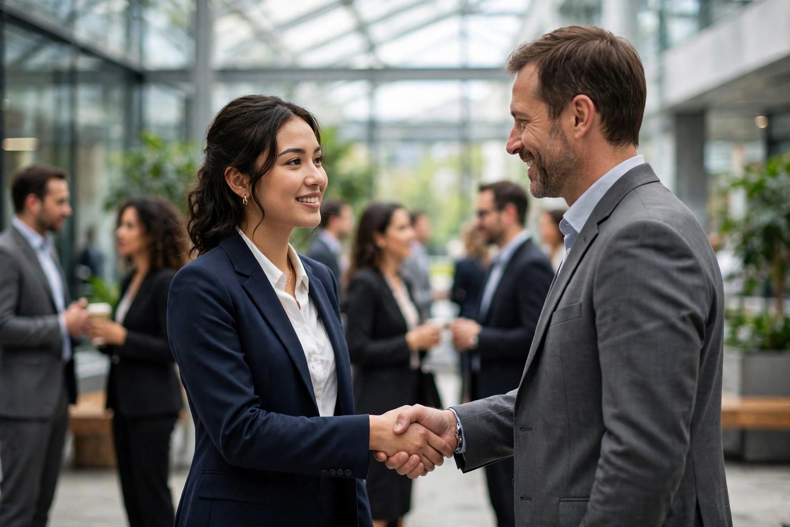 MBA graduate networking at a business school event while researching MBA scholarships for international students