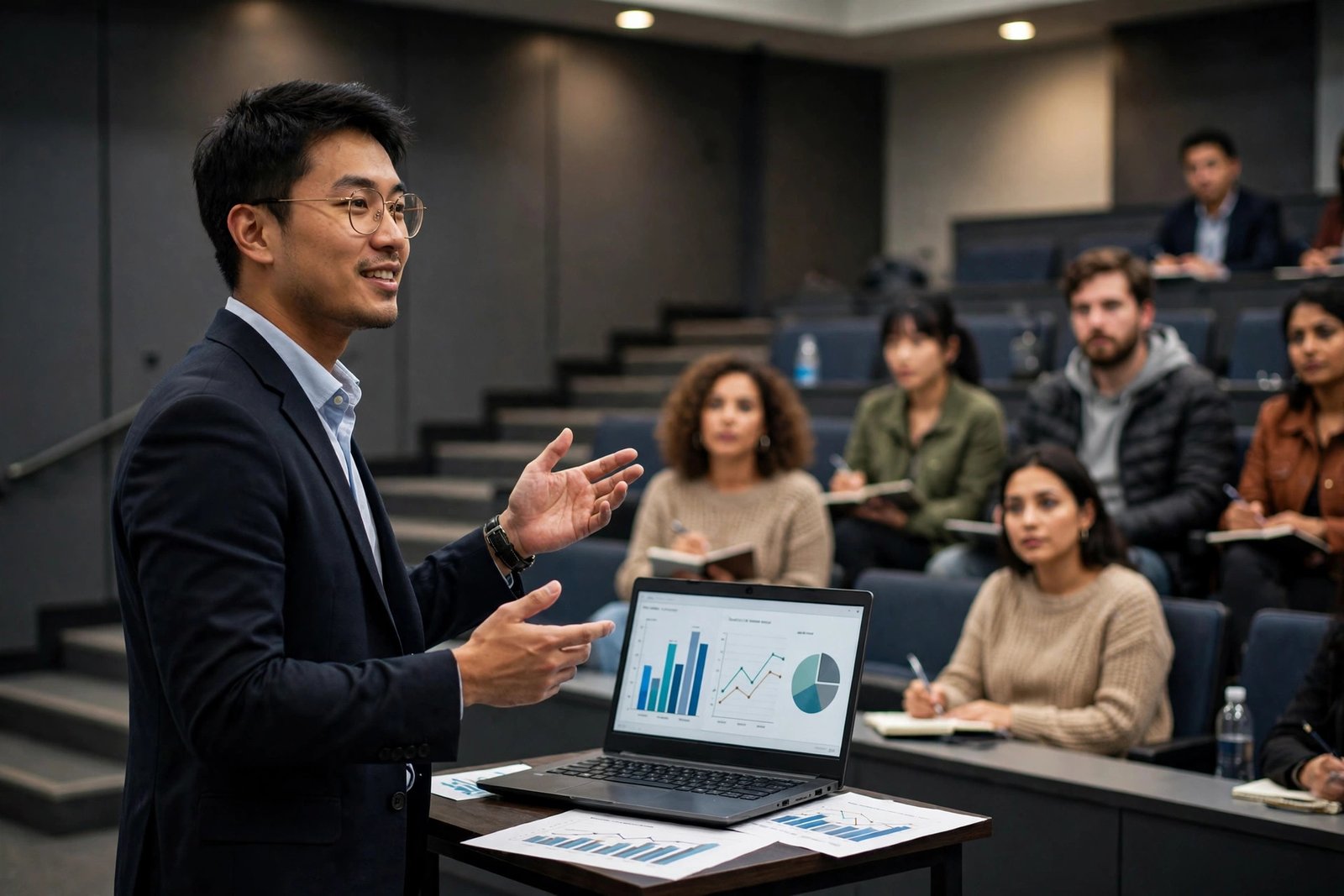 MBA student presenting in a business school lecture theatre while applying for fully funded MBA scholarships