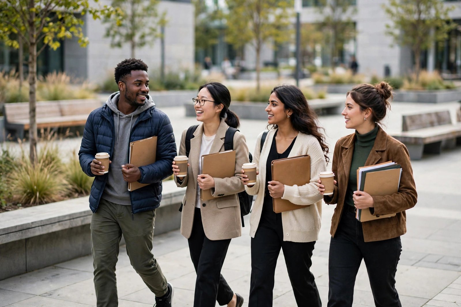 Business school students on a university campus researching fully funded MBA scholarships for international students