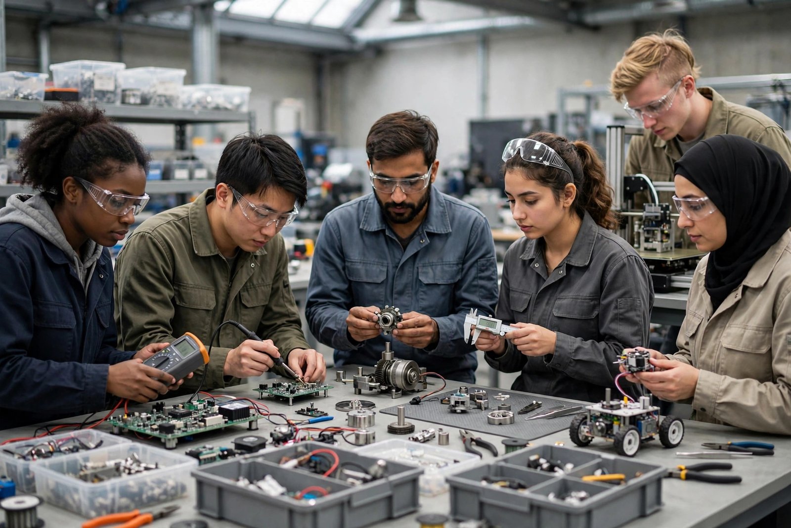 International diploma students learning practical skills in a vocational training workshop
