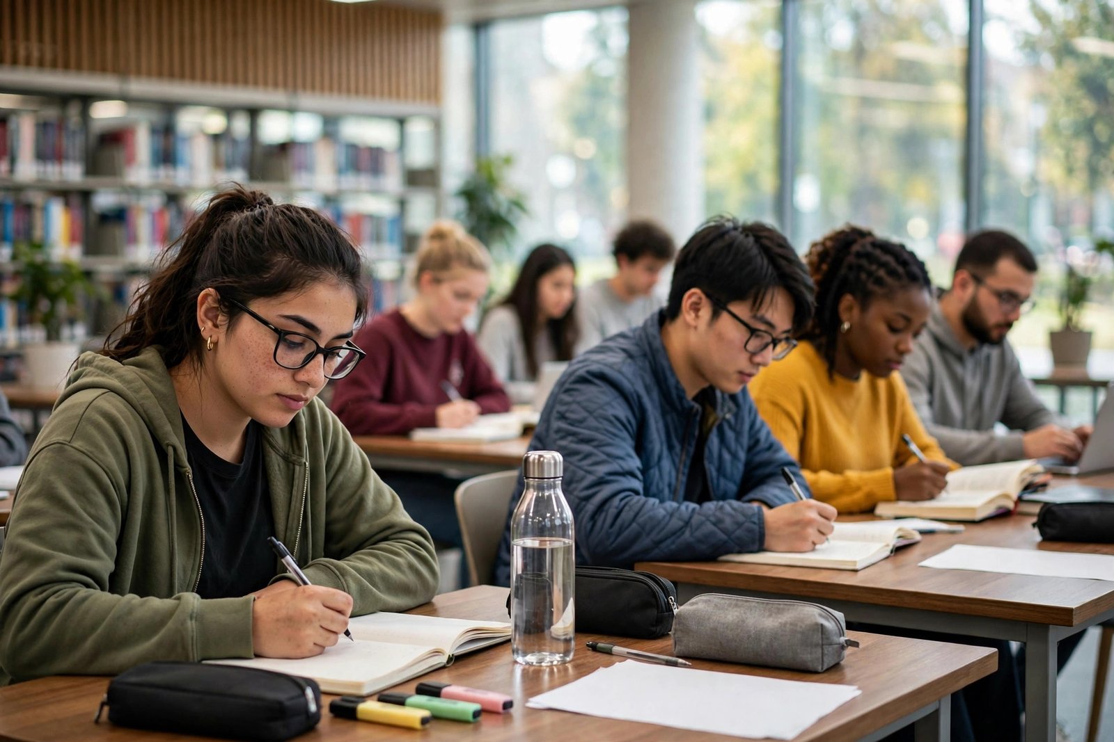 Diploma student studying in a bright college library with classmates