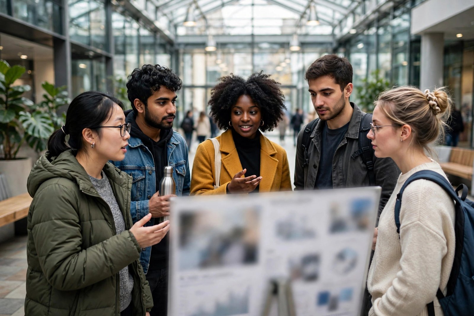 Graduate researchers discussing a project at a university research event
