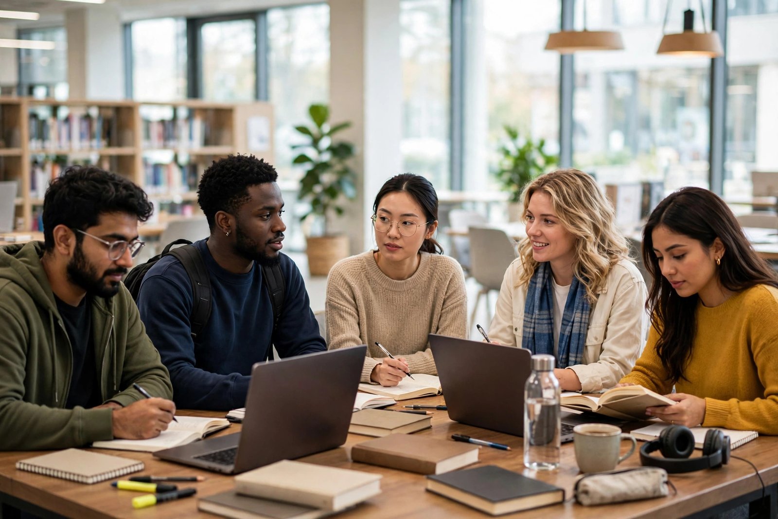 Postgraduate students studying together in a university library while preparing scholarship applications