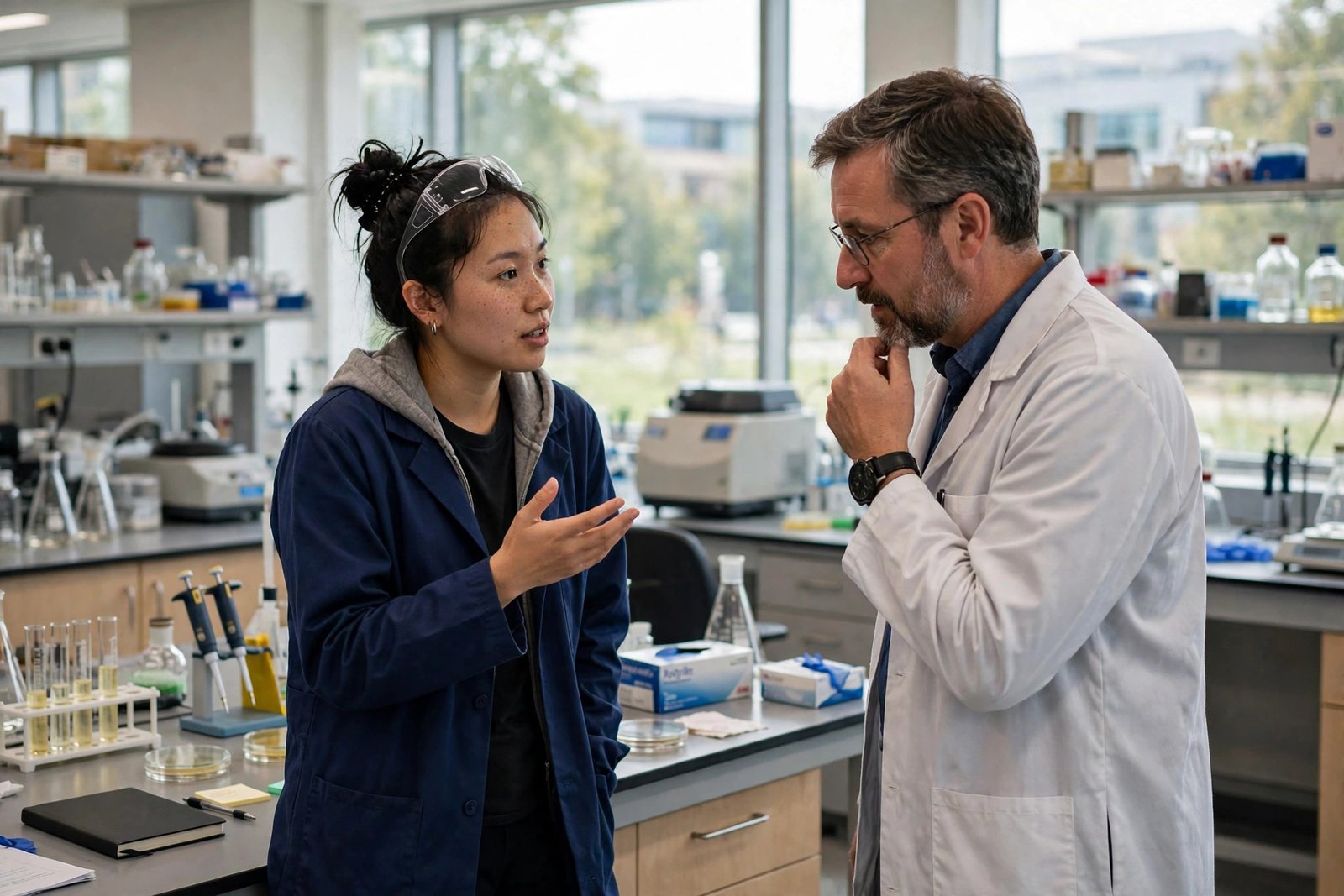 A postgraduate researcher discussing a project with a supervisor in a university laboratory