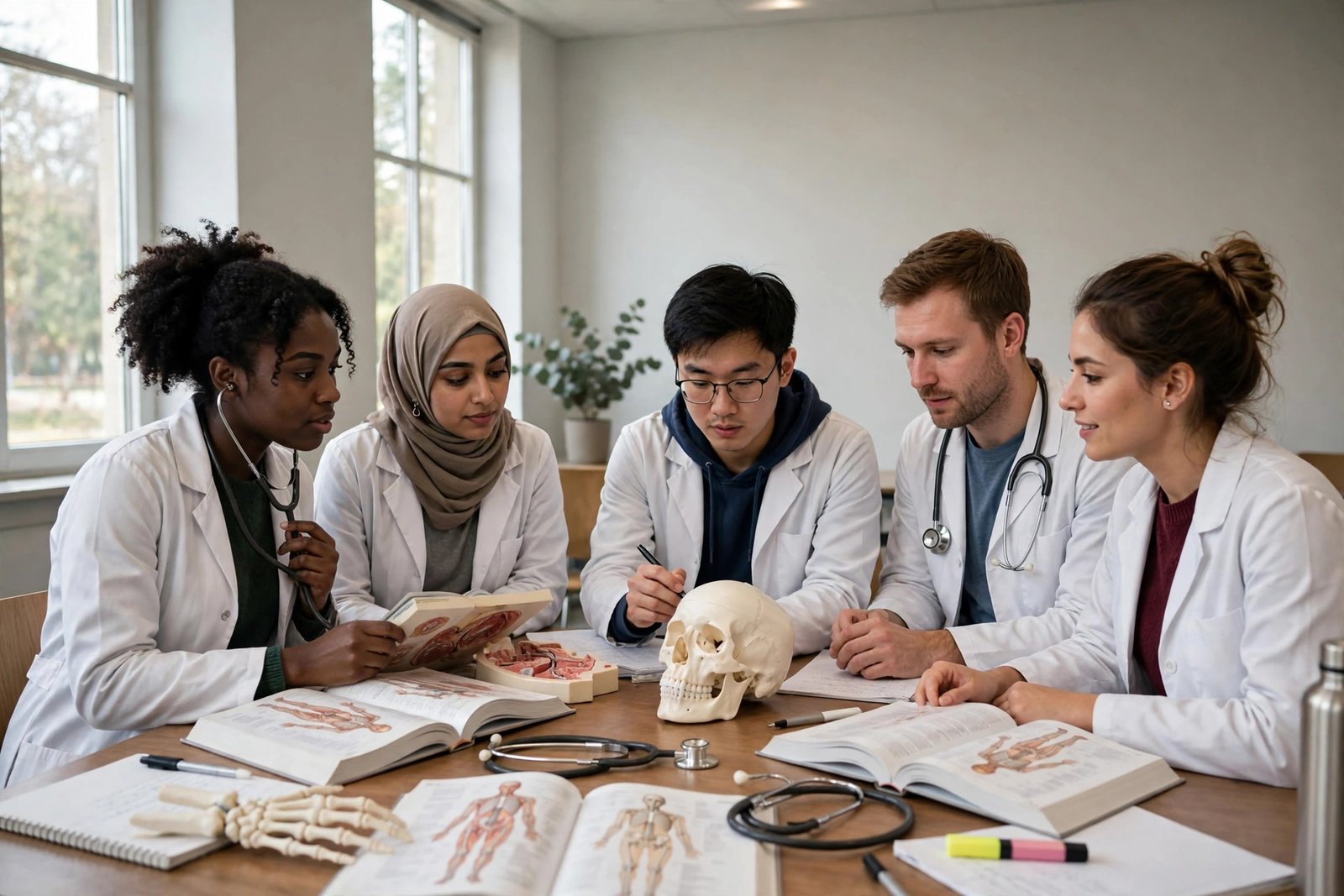 Medical students in white coats studying together for a medicine scholarship-funded degree