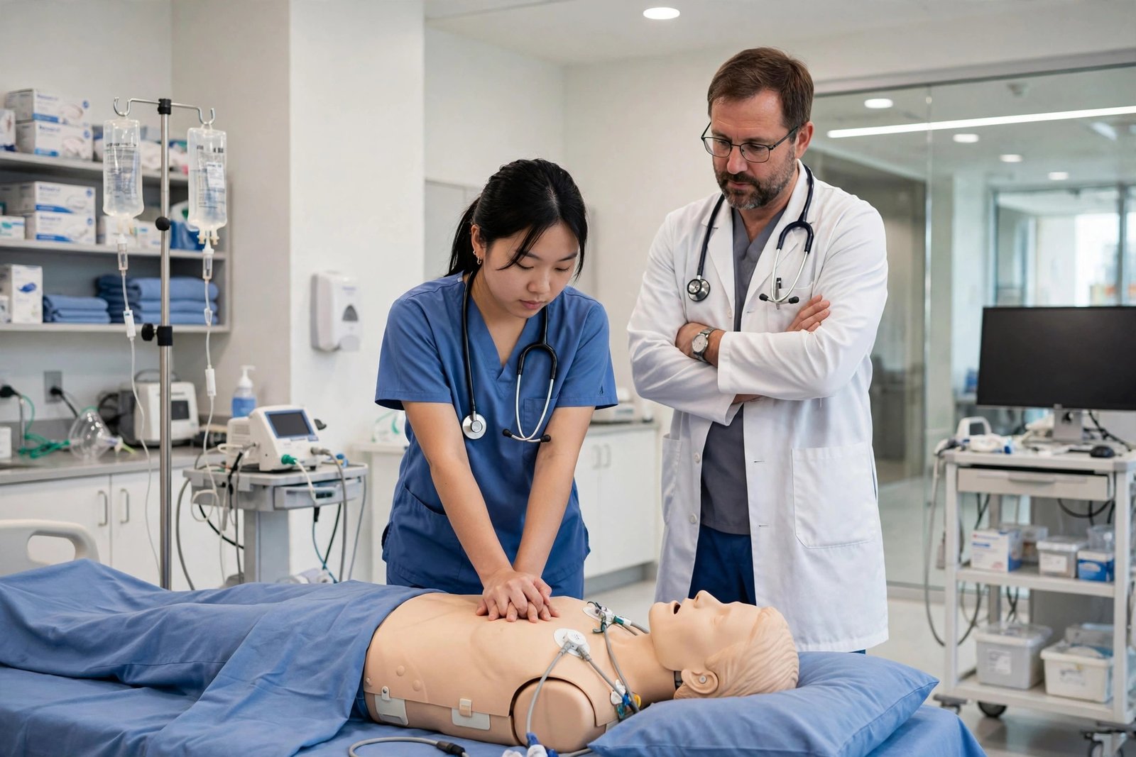 A medical student practising clinical skills in a simulation laboratory