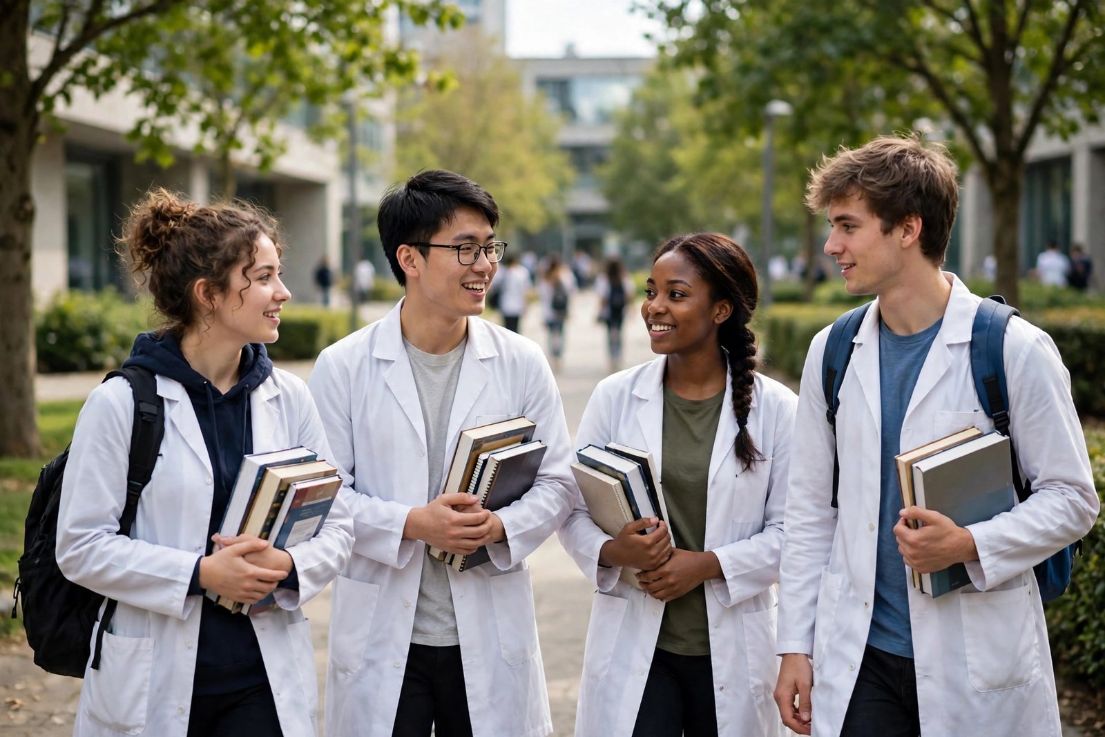 MBBS students in white coats on a university medical campus discussing their studies