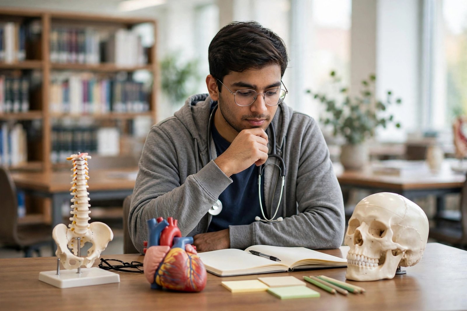 An MBBS student studying anatomy models in a medical school library