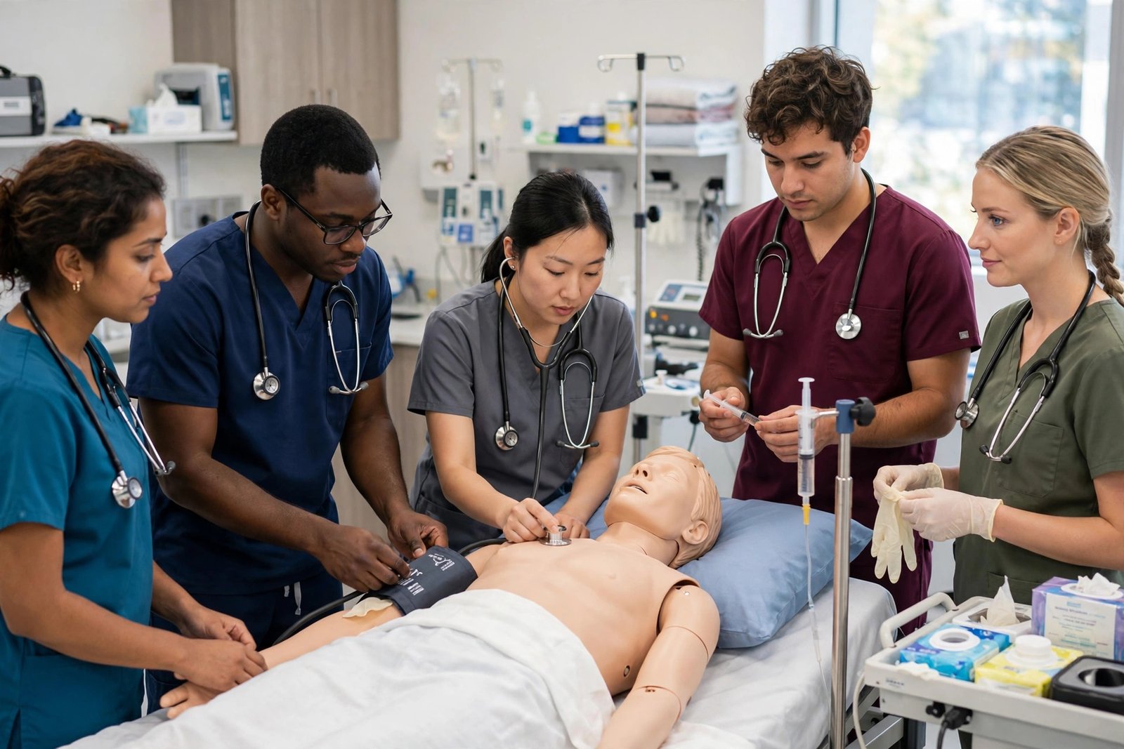 International nursing students practising clinical skills in a simulation laboratory while applying for nursing scholarships