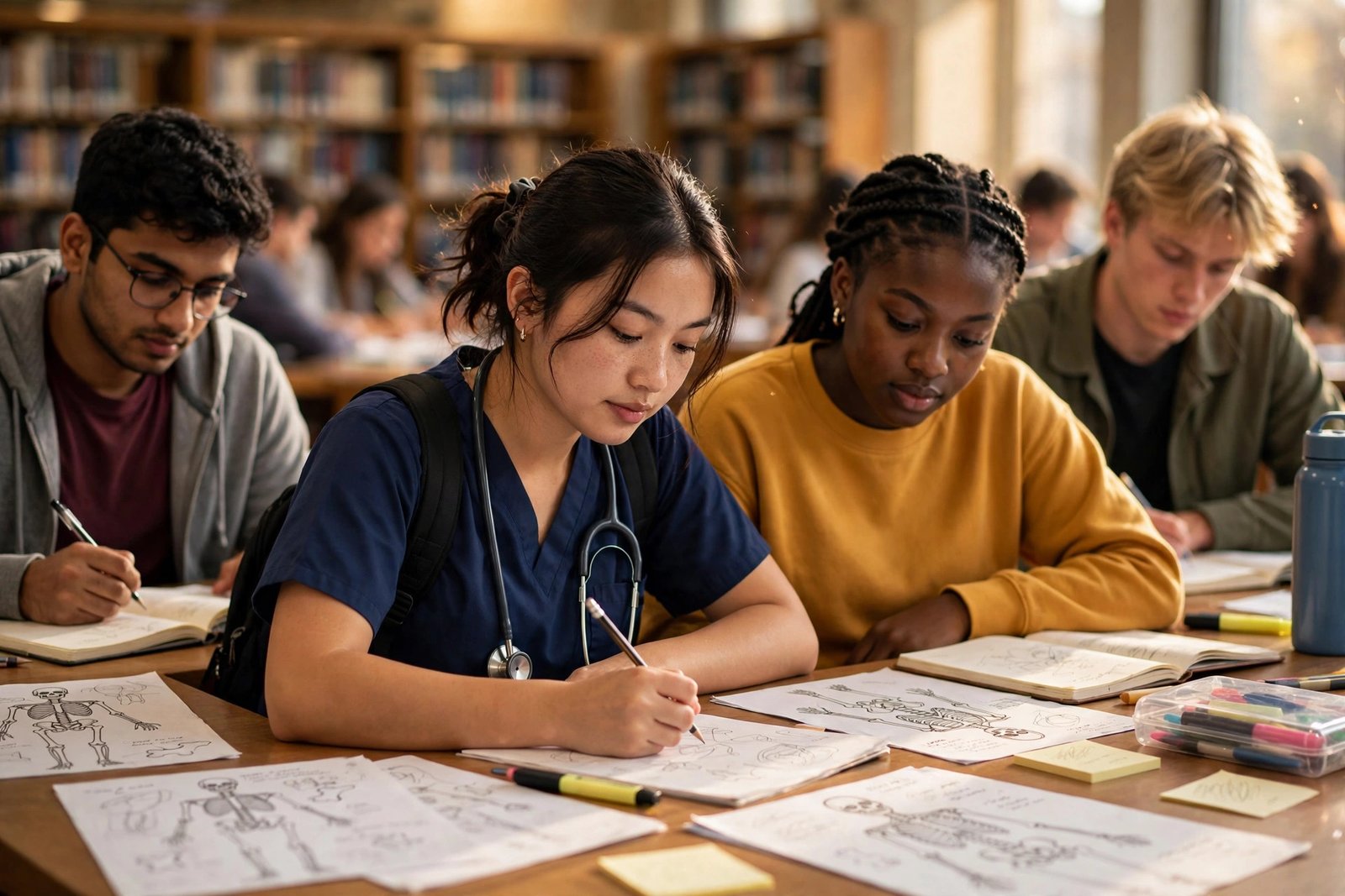 Nursing student revising in a university library after winning a nursing scholarship for international students