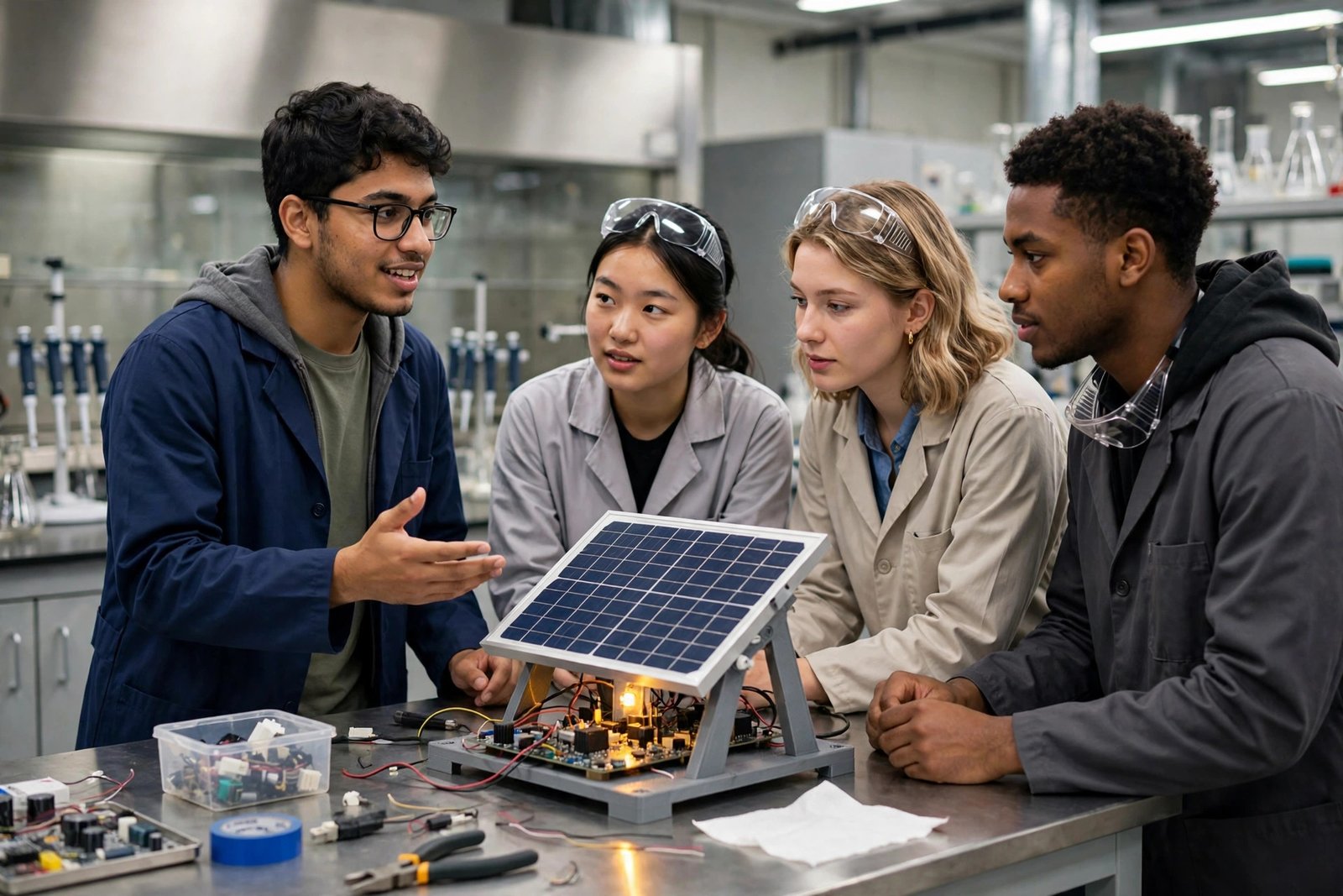 Engineering student presenting a renewable energy prototype funded through engineering scholarships for international students