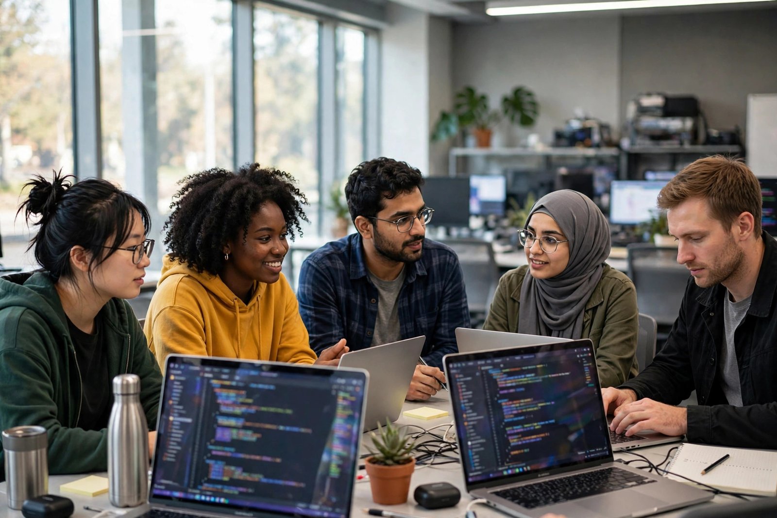 International computer science students collaborating on code in a university computer lab
