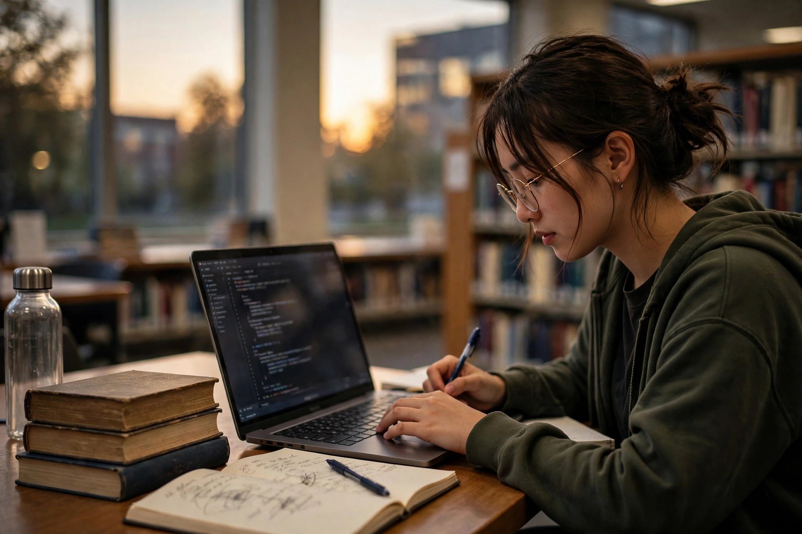 Graduate computer science student coding on a laptop in a university library